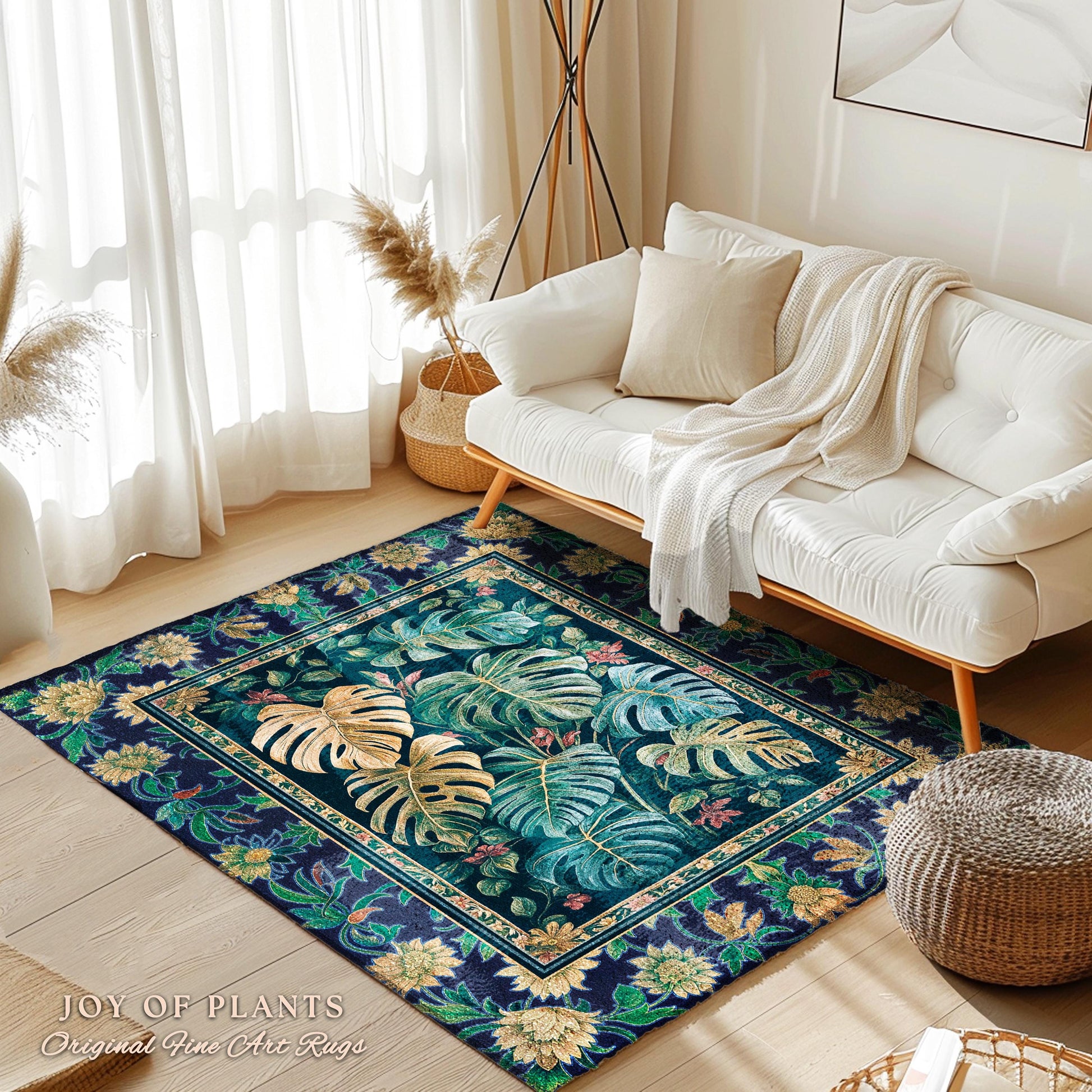 Enchanting Forest Tropical Statement Rug | Earthy Green Colors Maximalist Elegant Statement Rug Woodland Moody Jungle Vibe Plant Lover Room