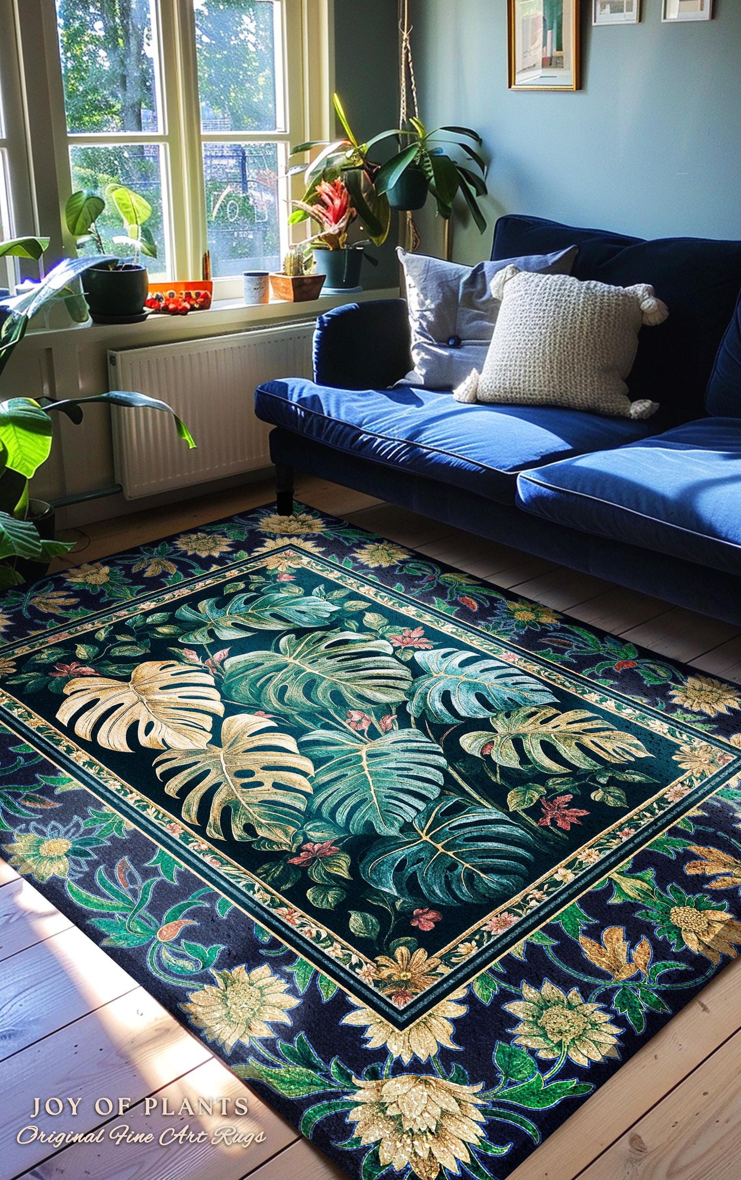 Enchanting Forest Tropical Statement Rug | Earthy Green Colors Maximalist Elegant Statement Rug Woodland Moody Jungle Vibe Plant Lover Room