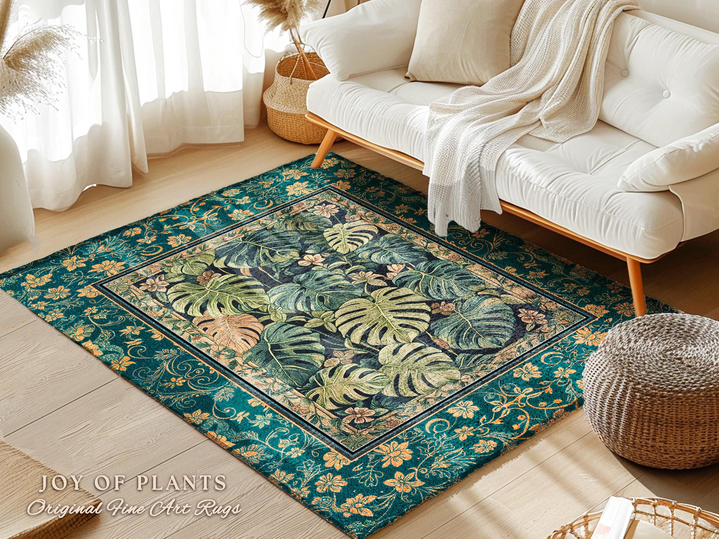 Nature Inspired Green Leaves Rug | Colorful Greenery Tropigoth Room Decor Whimsical Botanical Statement Rug Monstera Foliage Dark Tropical |