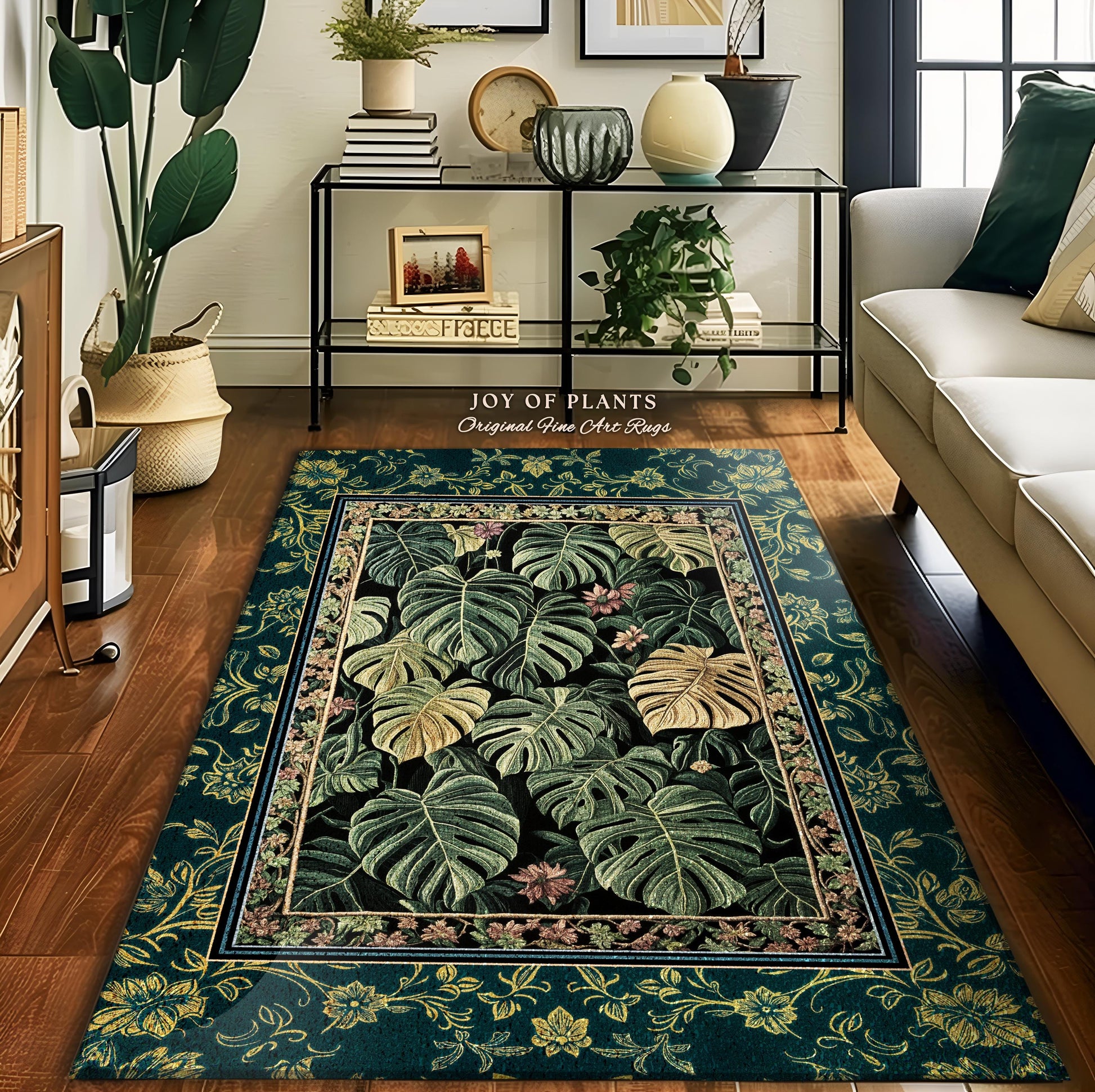 Rich Shades of Green Monstera Rug | Bohemian Botanical Plant Lover Bedroom Home Accent Colorful Room Decor Botanical Statement Rug Foliage