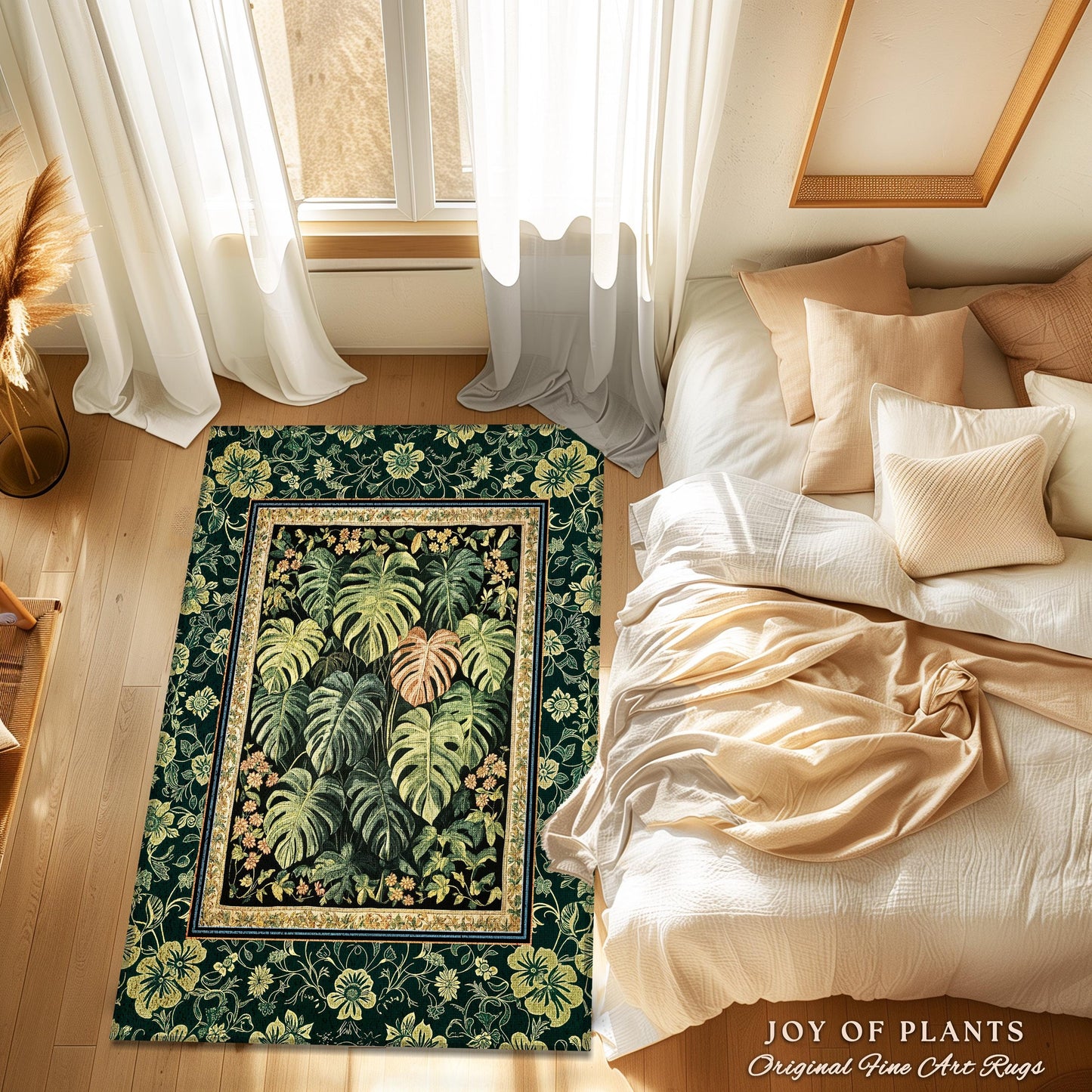 Ethereal Rainforest Greenery Rug | Tropical Jungle Theme Monstera Statement Rug Elegant Botanical Houseplant Aesthetic Emerald Green Bedroom