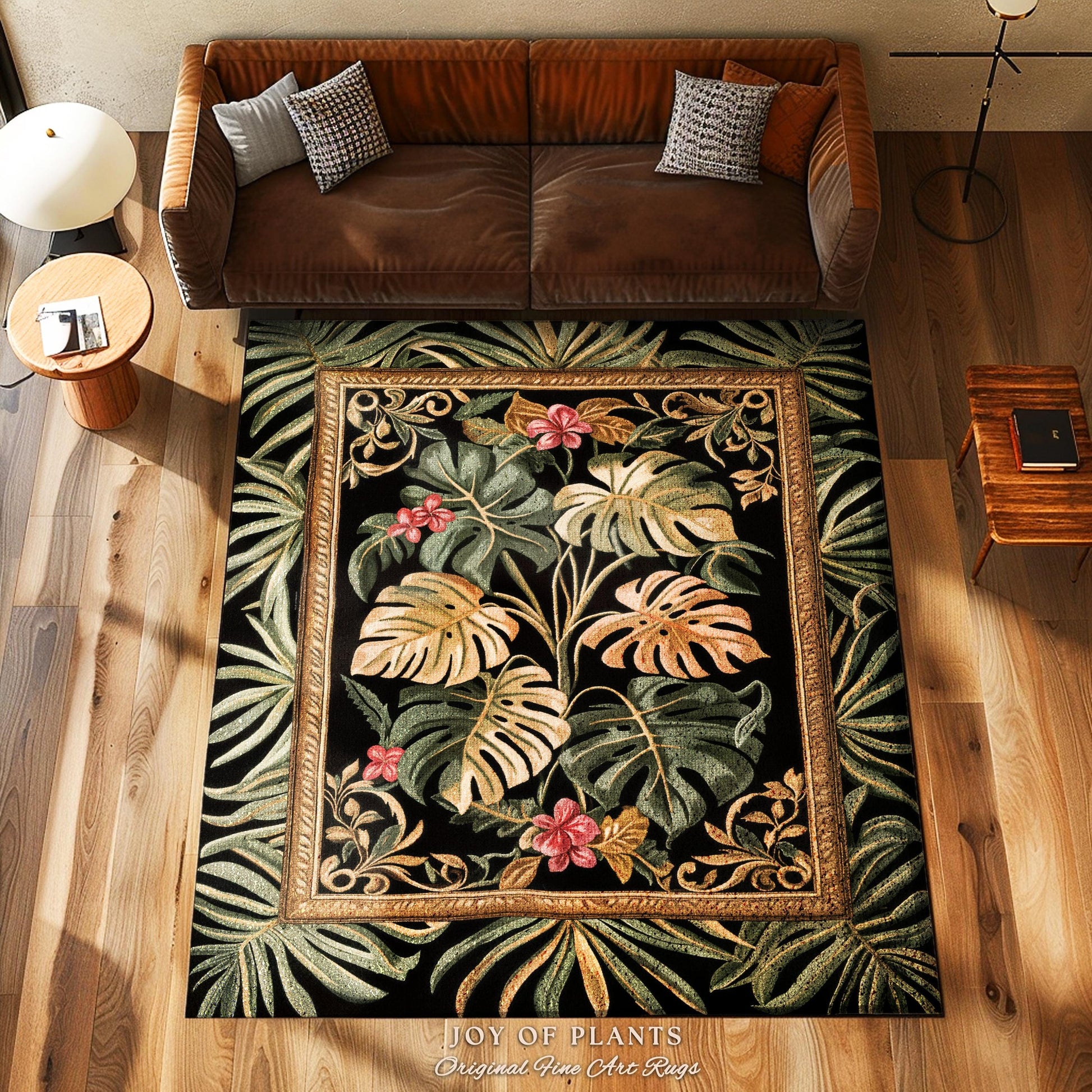 Dark Academia Monstera Lover Rug | Whimsical Botanical Statement Rug Exotic Foliage Dark Tropical Cottagecore Jungle Theme Indie Bedroom |