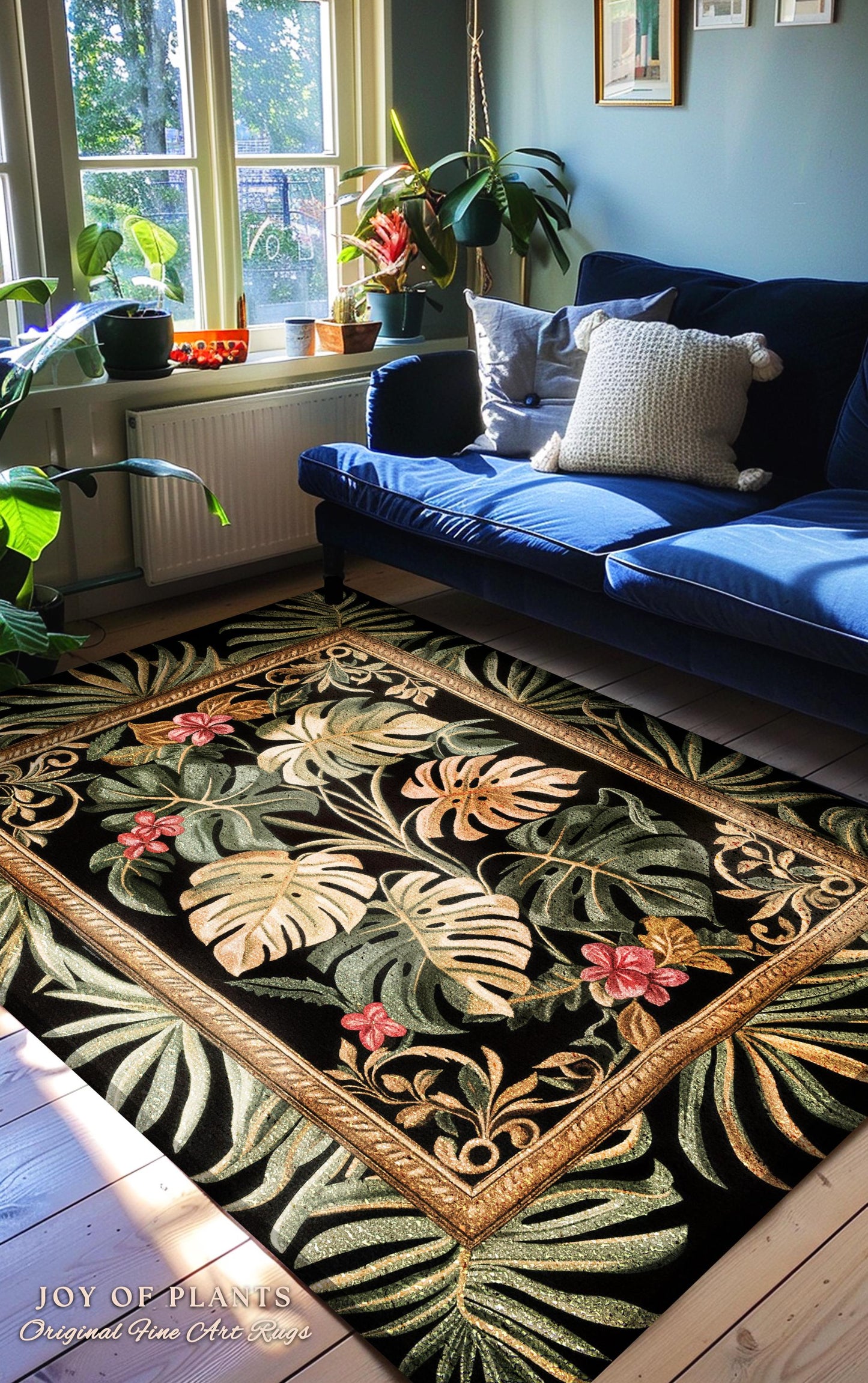 Dark Academia Monstera Lover Rug | Whimsical Botanical Statement Rug Exotic Foliage Dark Tropical Cottagecore Jungle Theme Indie Bedroom |