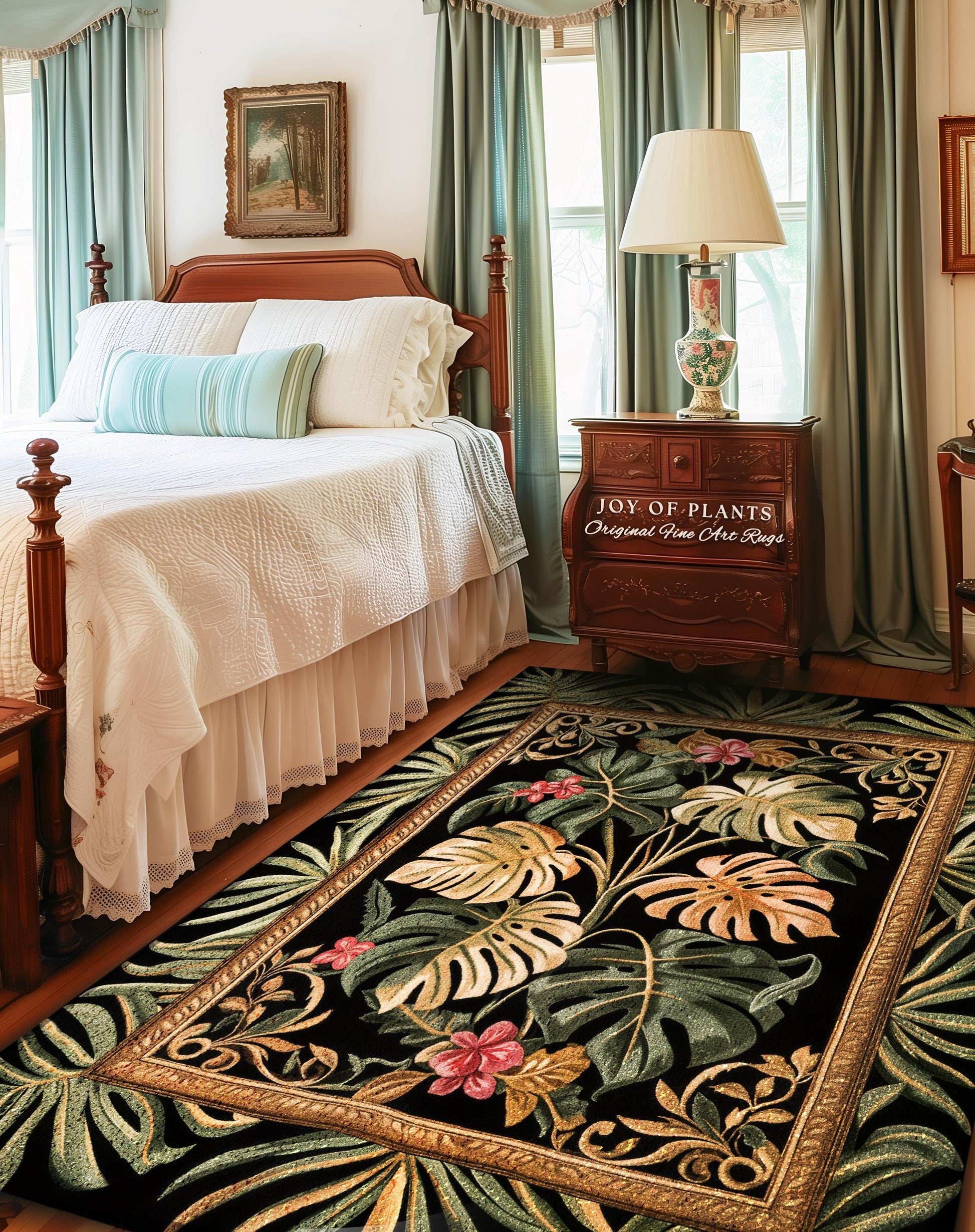 Dark Academia Monstera Lover Rug | Whimsical Botanical Statement Rug Exotic Foliage Dark Tropical Cottagecore Jungle Theme Indie Bedroom |