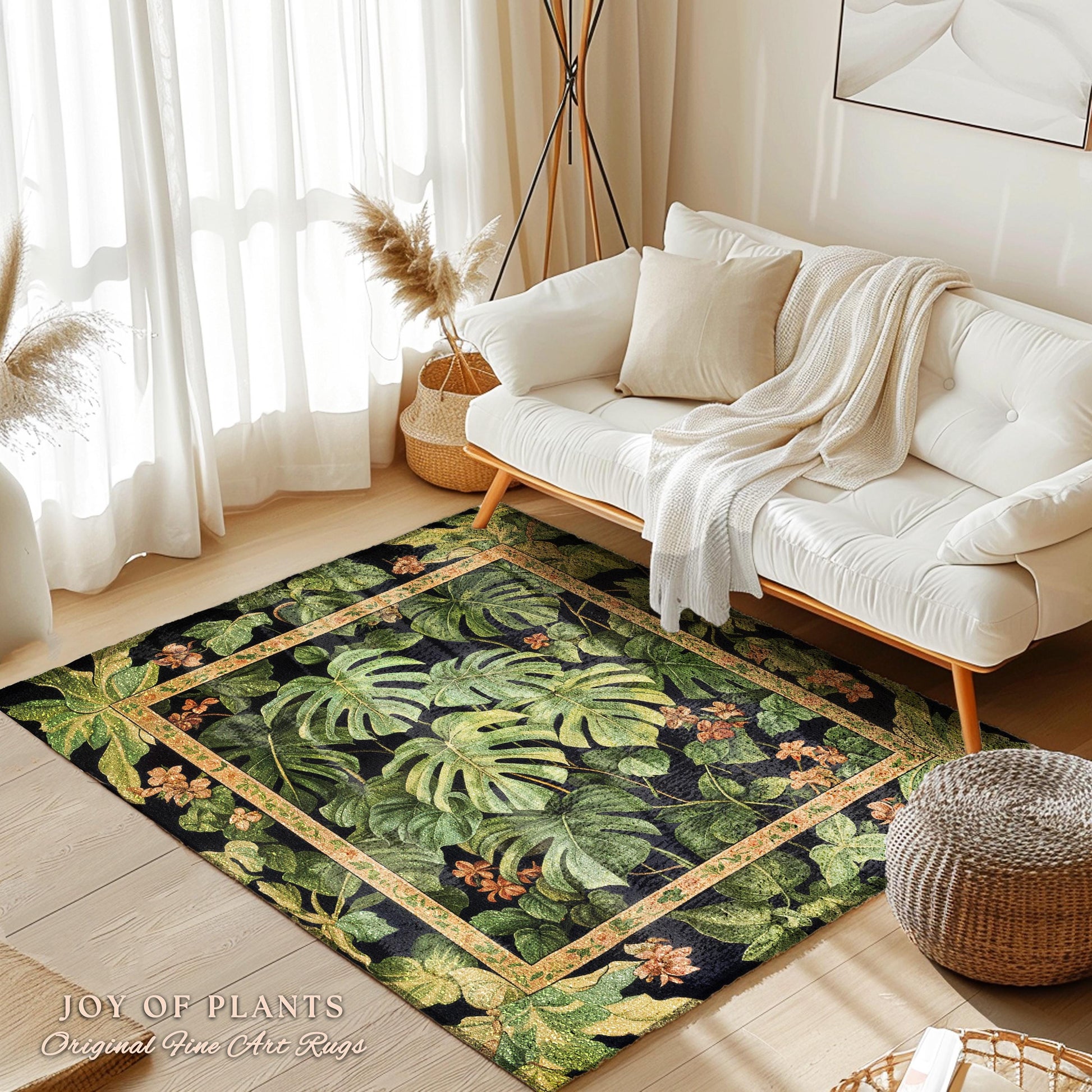Plant Lover Botanical Area Rug | Exotic Foliage Tropical Cottagecore Jungle Theme Statement Rug Elegant Botanical Monstera Houseplant Decor
