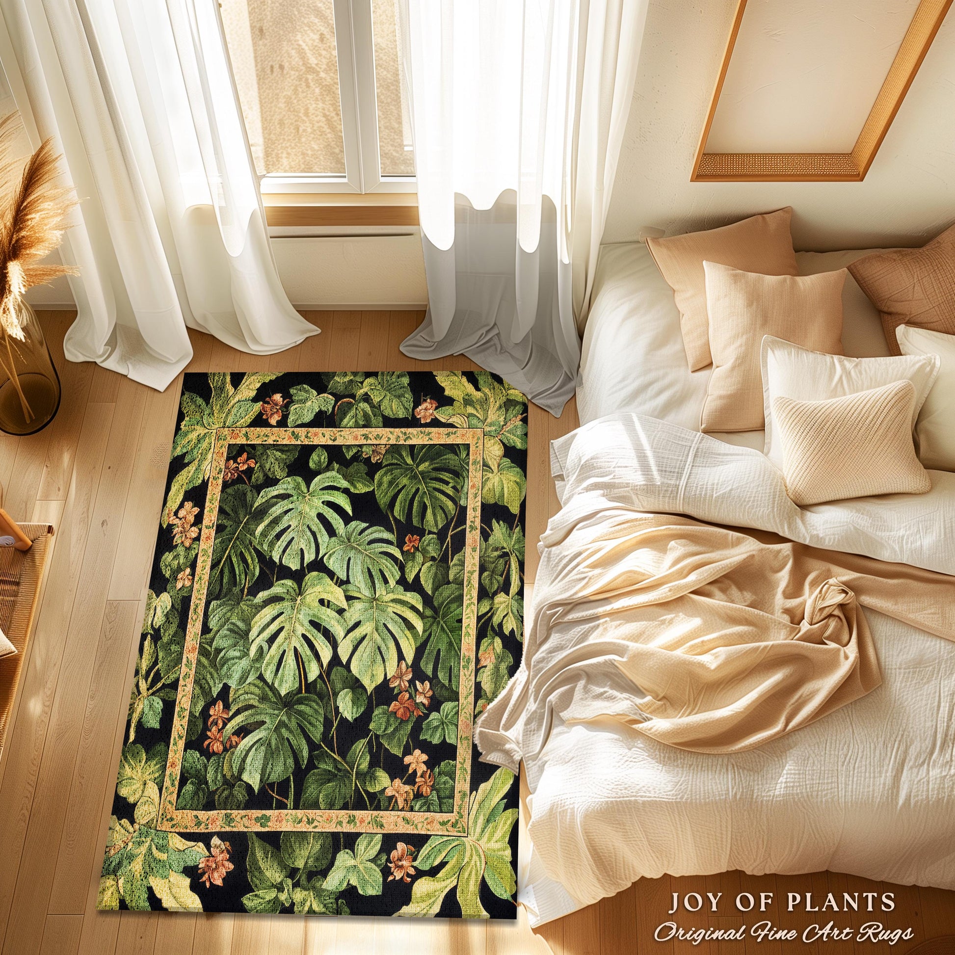 Plant Lover Botanical Area Rug | Exotic Foliage Tropical Cottagecore Jungle Theme Statement Rug Elegant Botanical Monstera Houseplant Decor