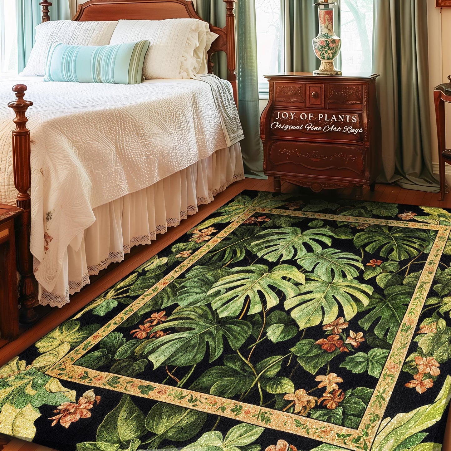 Plant Lover Botanical Area Rug | Exotic Foliage Tropical Cottagecore Jungle Theme Statement Rug Elegant Botanical Monstera Houseplant Decor