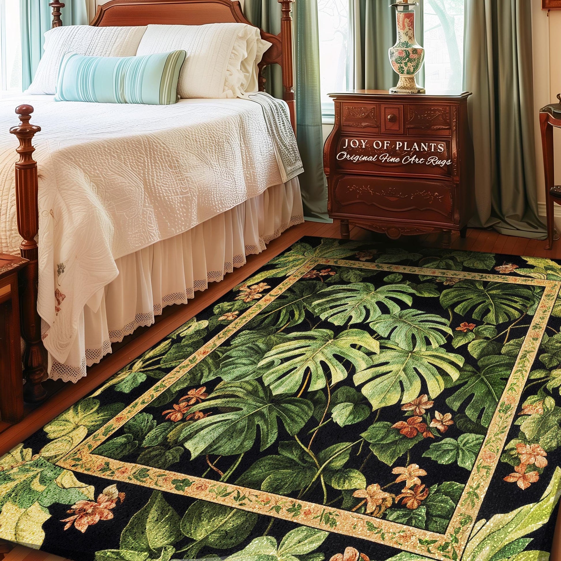 Plant Lover Botanical Area Rug | Exotic Foliage Tropical Cottagecore Jungle Theme Statement Rug Elegant Botanical Monstera Houseplant Decor