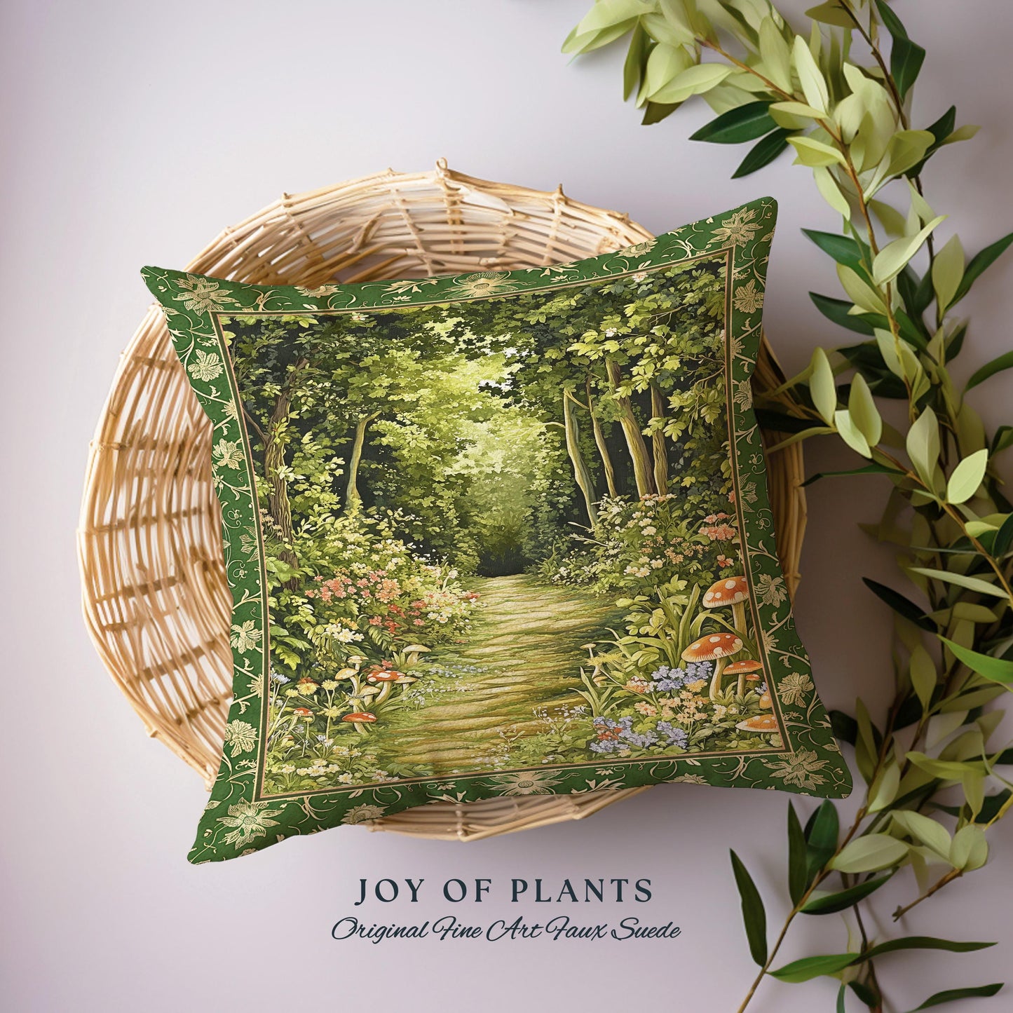 Natural Plants Ethereal Folklore Throw Pillow | Woodland Fairy Inspired Nature Lover Bedroom Cozy Earthy Tapestry Pillow Mystical Floral |