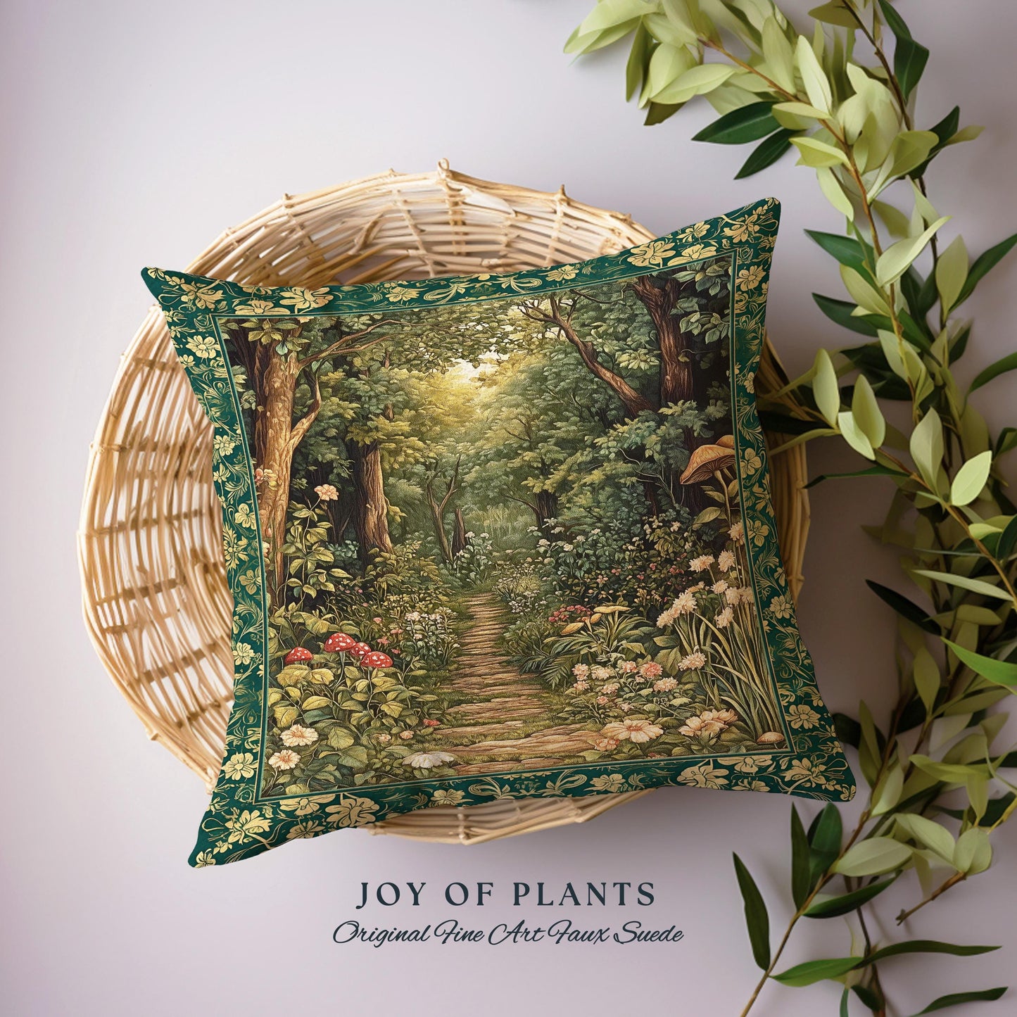 Botanical Bedroom Throw Pillow Fairycore | Woodland Mushroom Aesthetic Nature Lover Book Nook Tapestry Pillow Woven Emerald Green Decor |