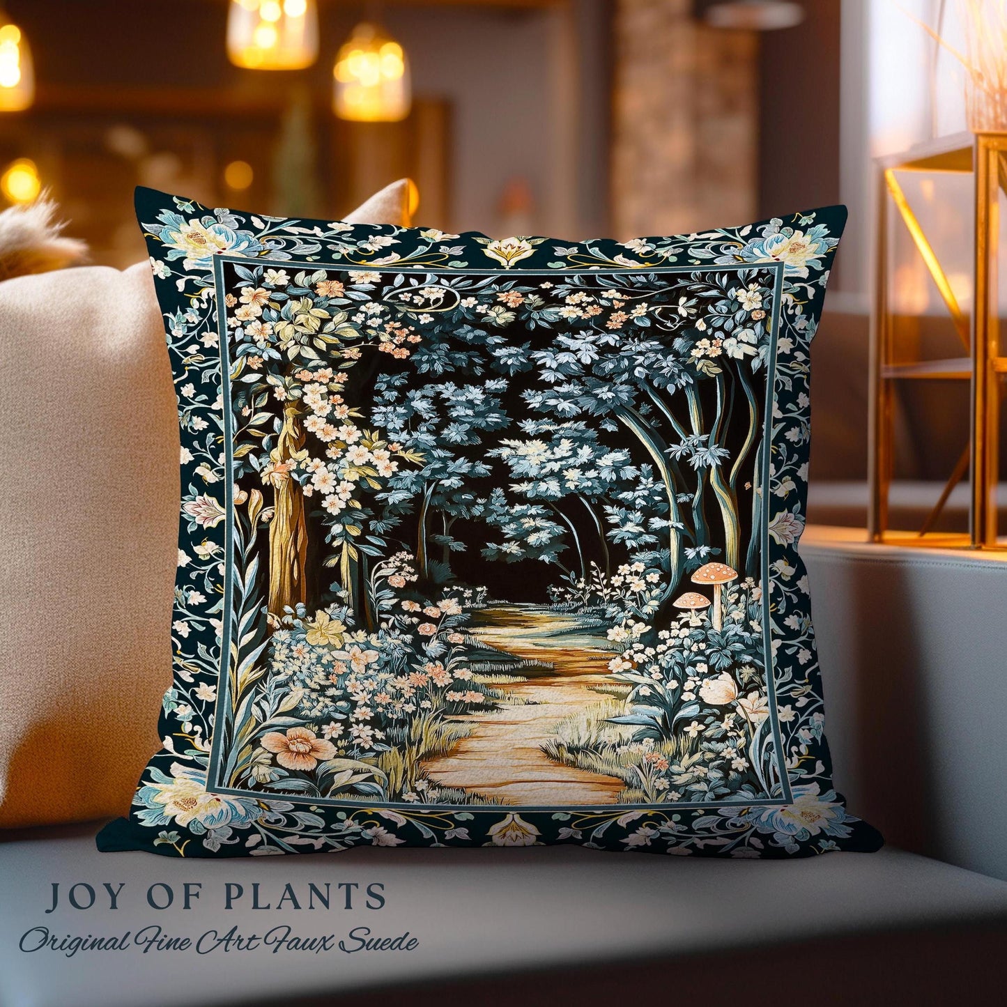 Dreamy Forest Landscape Botanical Pillow | Misty Forest Dark Cottagecore Aesthetic Fairycore Book Nook Woven Cushion Magical Jungle Decor |