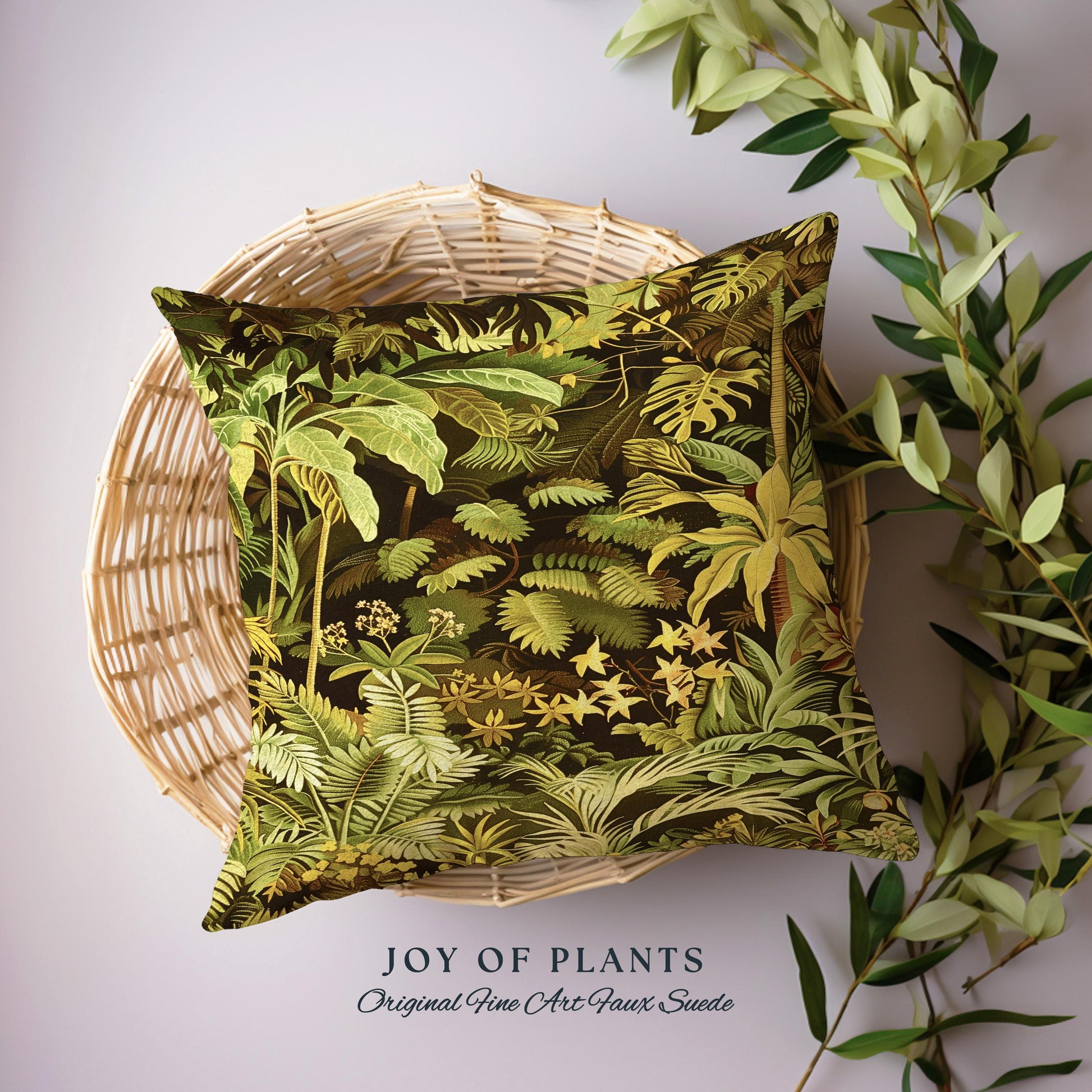 Moody Botanical Jungle Leaves Pillow | Eclectic Green Maximalist Bedroom Decor Whimsigoth Vintage Botanical Nature Living Room Forest Theme