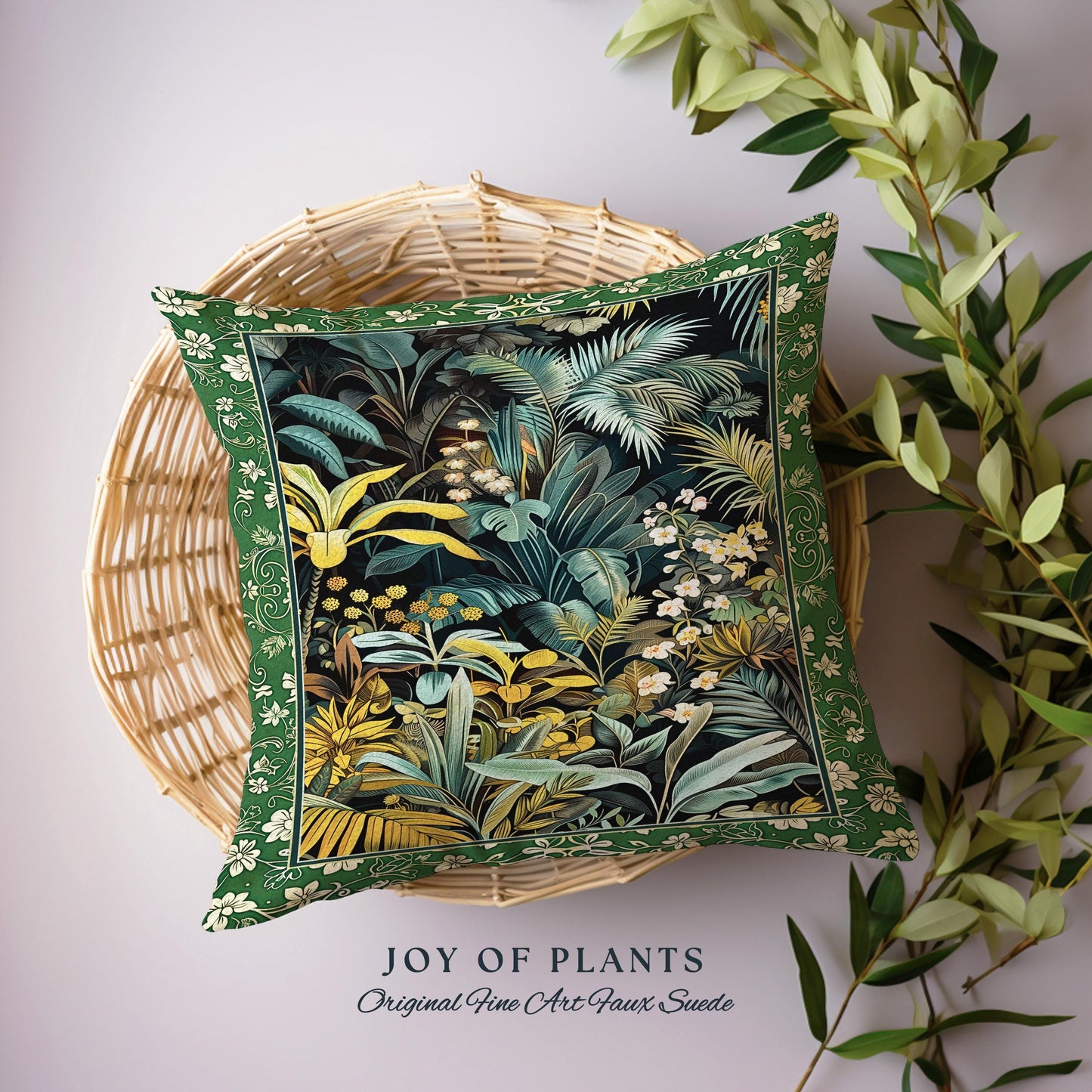 Jungle Leaves Botanical Woven Pillow | Tropical Jungle Nature Lover Book Nook Cozy Plant Lover Boho Bedroom Decor Elegant Tapestry Cushion |