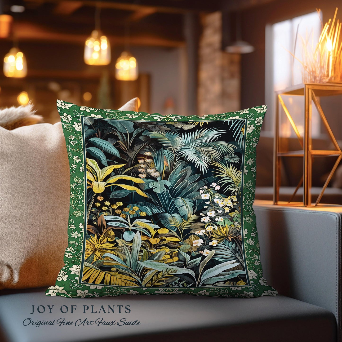 Jungle Leaves Botanical Woven Pillow | Tropical Jungle Nature Lover Book Nook Cozy Plant Lover Boho Bedroom Decor Elegant Tapestry Cushion |