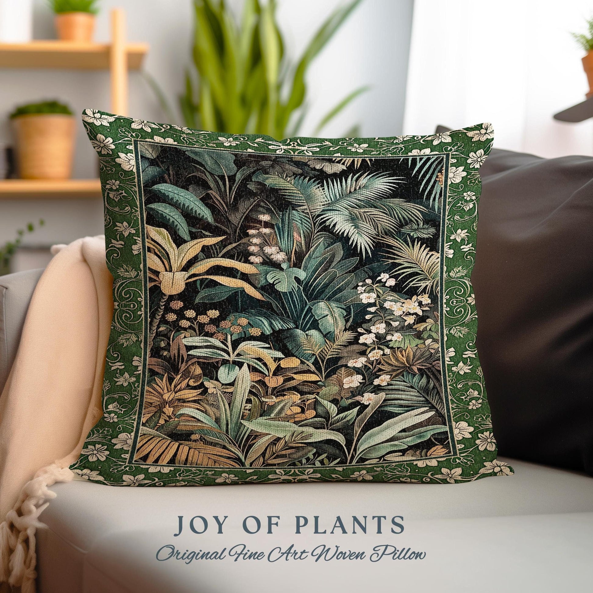 Jungle Leaves Botanical Woven Pillow | Tropical Jungle Nature Lover Book Nook Cozy Plant Lover Boho Bedroom Decor Elegant Tapestry Cushion |