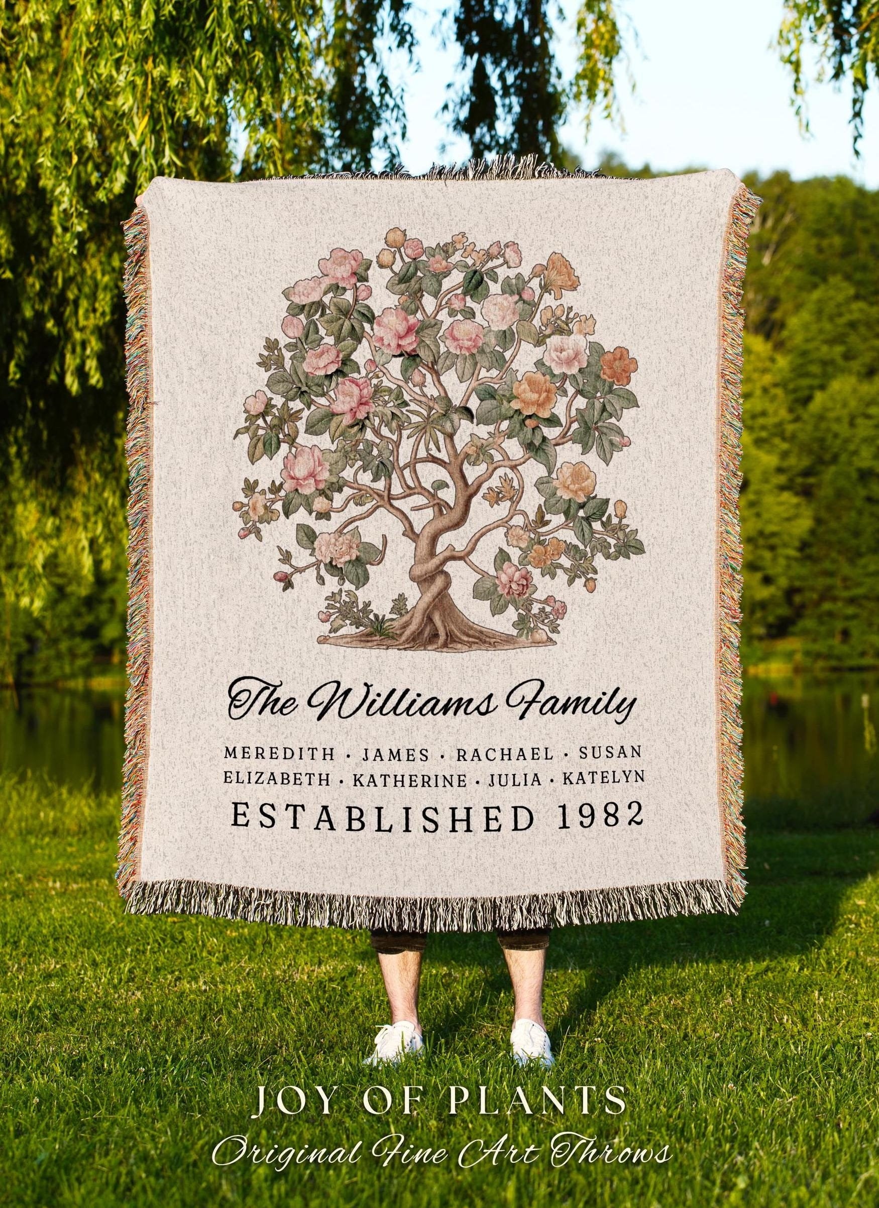 Last Name Family Tapestry Woven | Grandma Gift Custom Floral Family Tree Personalized Mother's Day I Love You Blanket for Mom Sentimental |