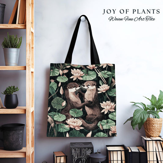 Cottagecore Woodland Otter Tote Bag | Boho Scandinavian Cute Otter Aesthetic Tapestry Tote Woven Accessory Whimsical Forestcore Lily Pad |