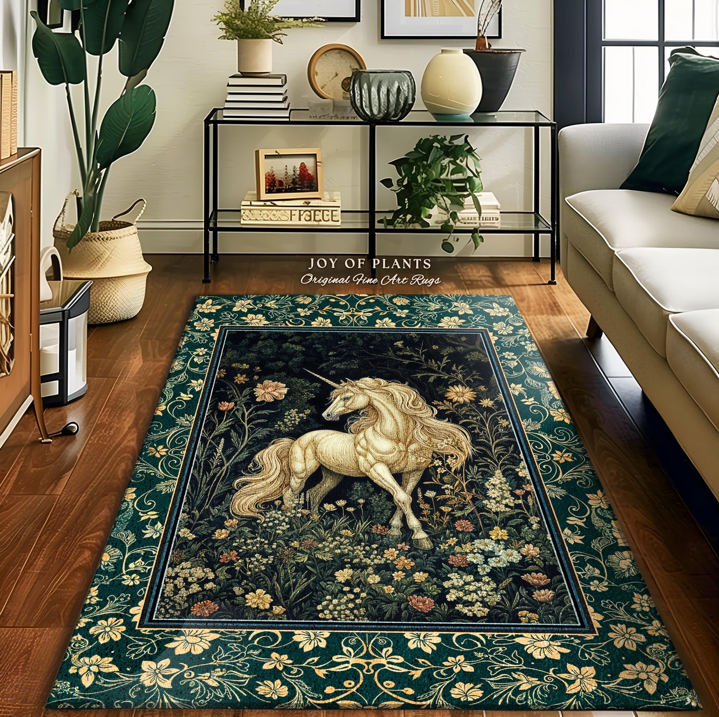Magic Medieval Unicorn Accent Rug | Woodland Nature Vintage Aesthetic Area Rug Whimsical Bedroom Decor Magic Cottagecore Magical Creatures |