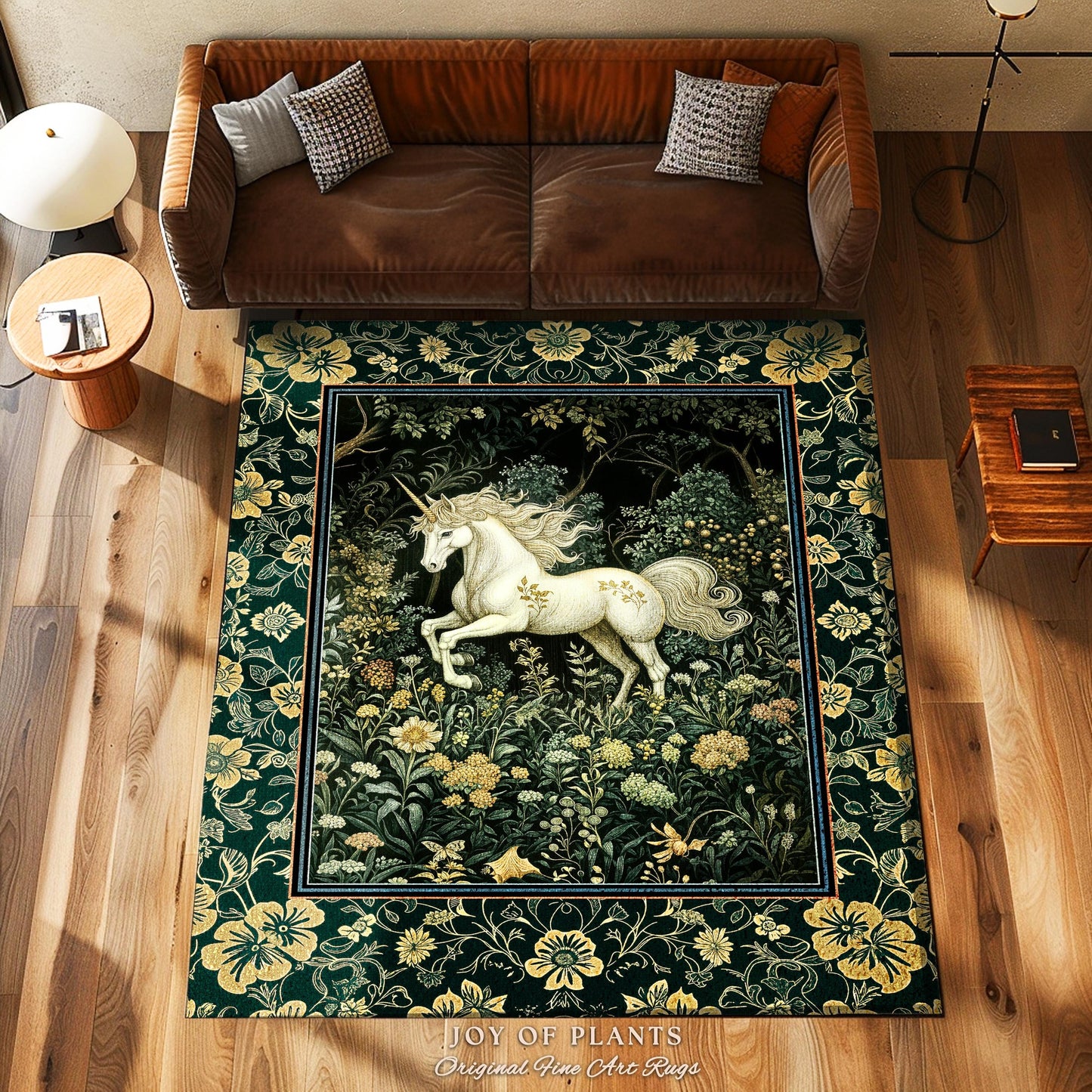 Earthy Ethereal Unicorn Bedroom Rug | Whimsical Nature Fairytale Magic Medieval Accent Rug Woodland Aesthetic Storybook Nostalgic Decor |