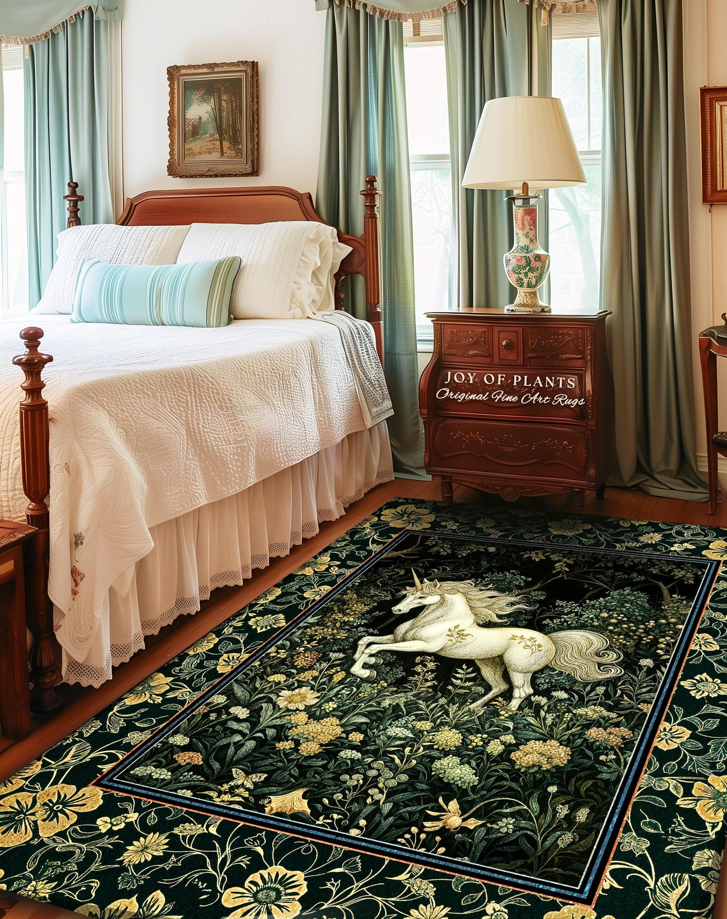 Earthy Ethereal Unicorn Bedroom Rug | Whimsical Nature Fairytale Magic Medieval Accent Rug Woodland Aesthetic Storybook Nostalgic Decor |