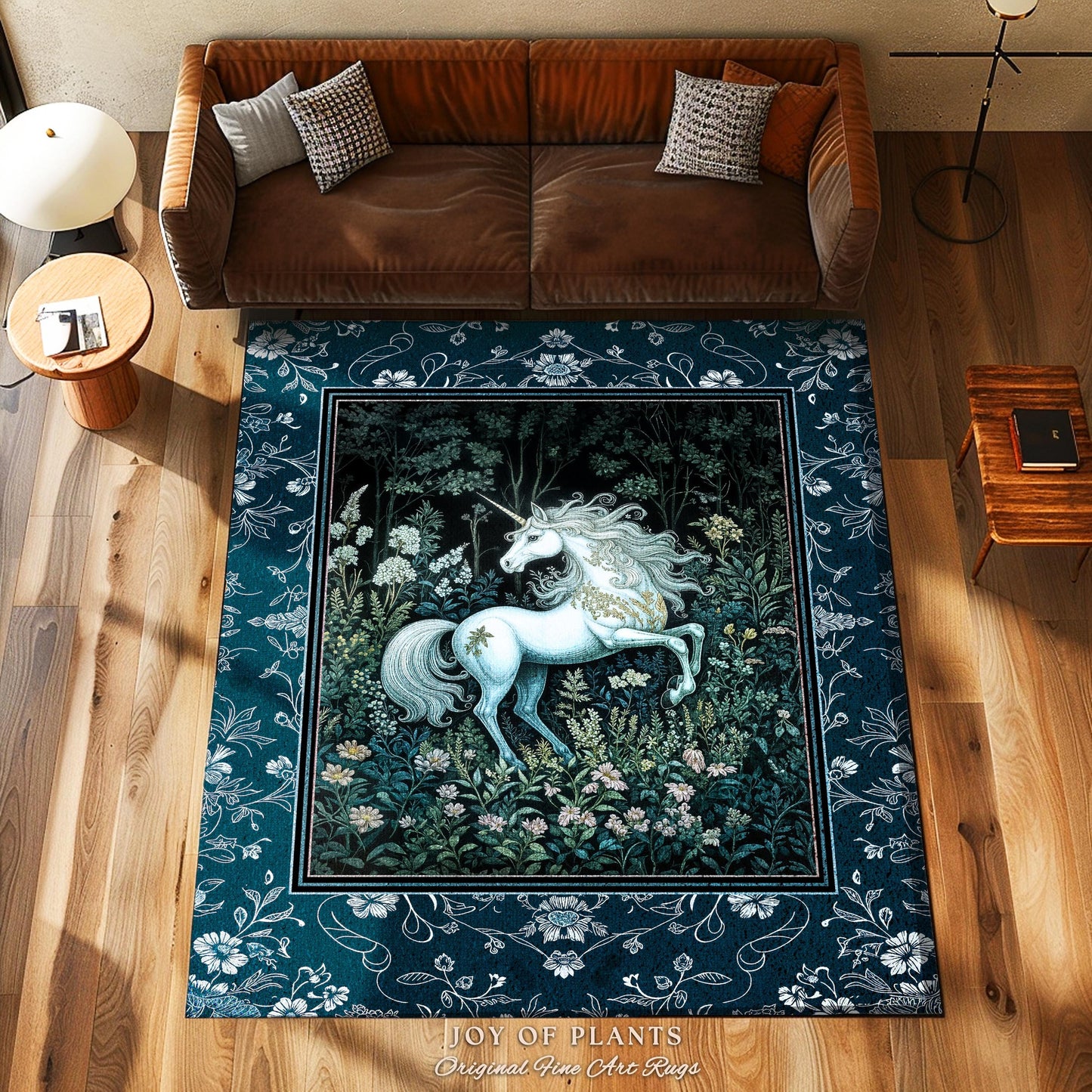 Midnight Magic Unicorn Area Rug | Dark Botanical Maximalist Bedroom Colorful Whimsical Victorian Fairycore Accent Rug Medieval Castlecore |