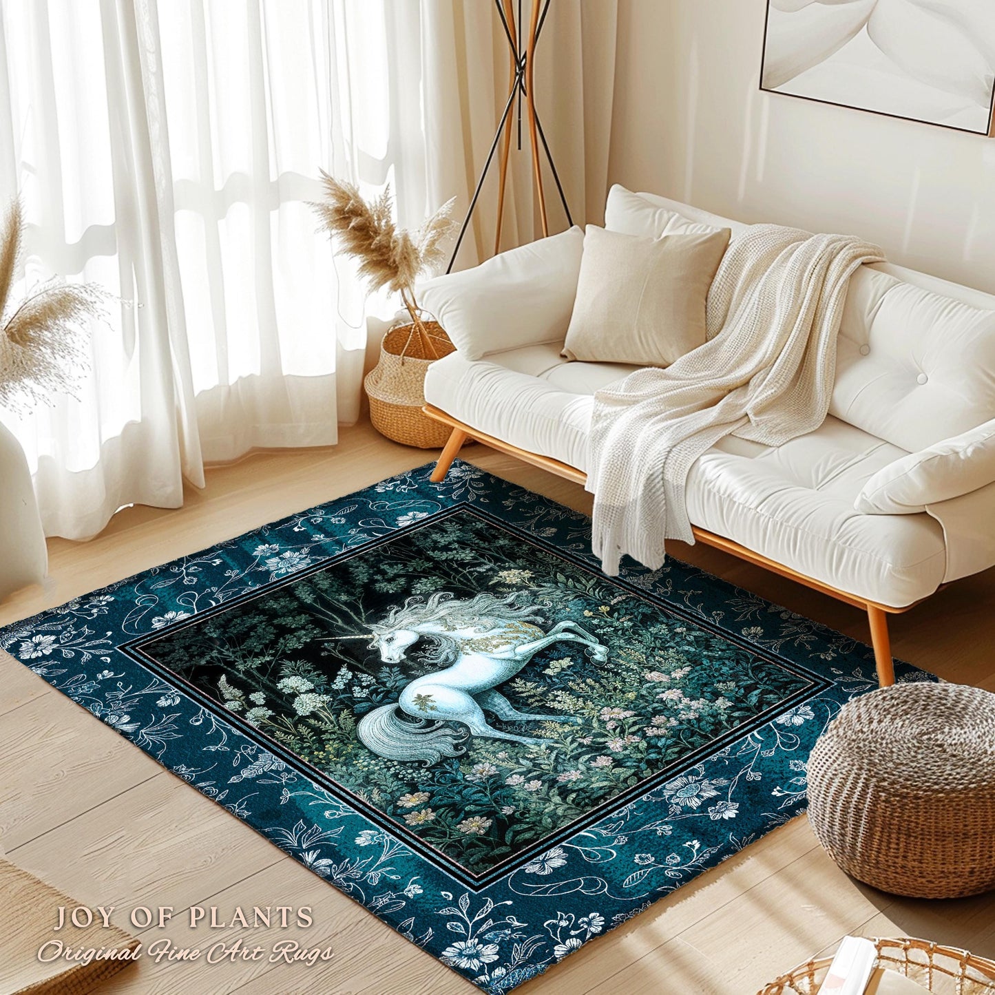 Midnight Magic Unicorn Area Rug | Dark Botanical Maximalist Bedroom Colorful Whimsical Victorian Fairycore Accent Rug Medieval Castlecore |