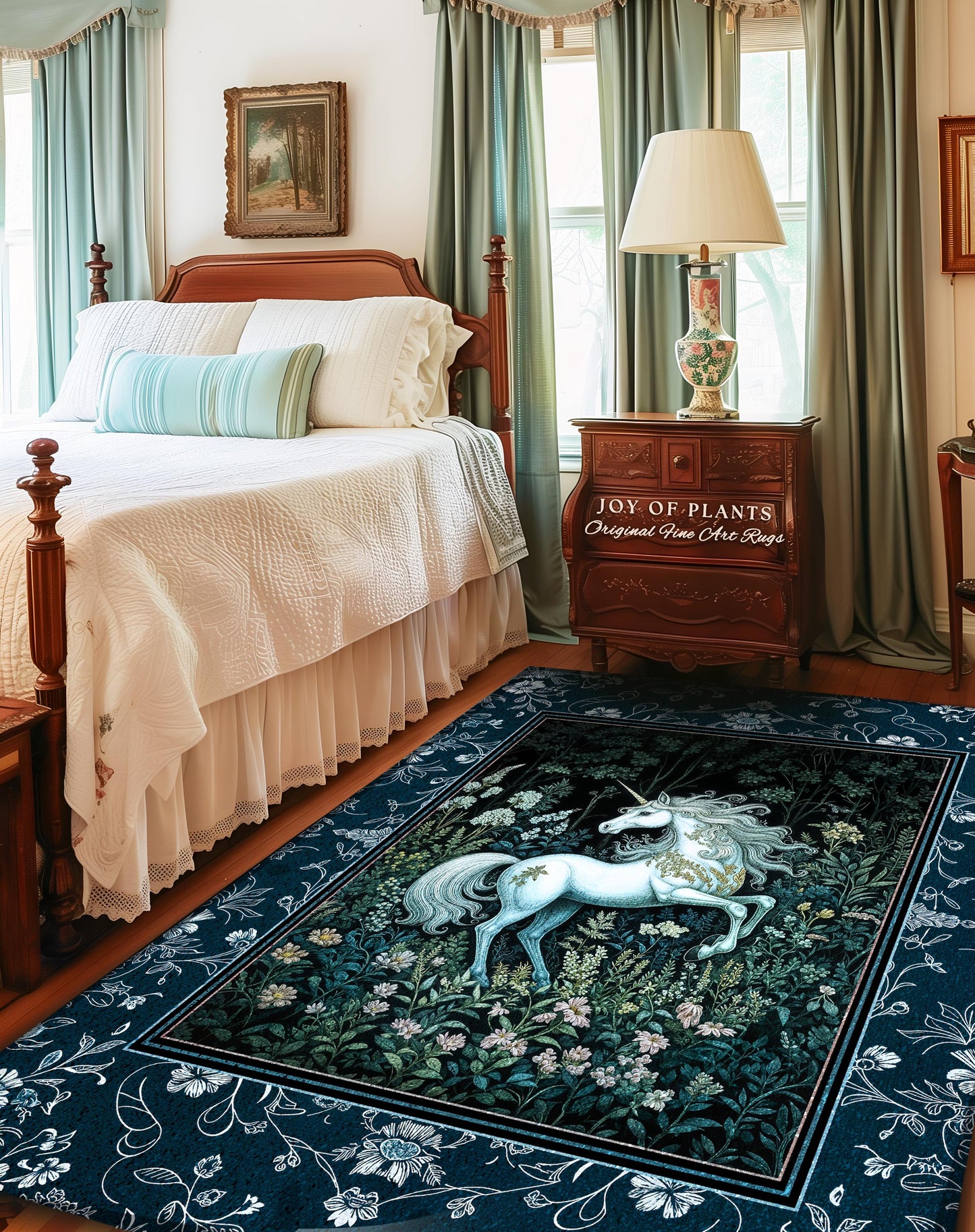 Midnight Magic Unicorn Area Rug | Dark Botanical Maximalist Bedroom Colorful Whimsical Victorian Fairycore Accent Rug Medieval Castlecore |