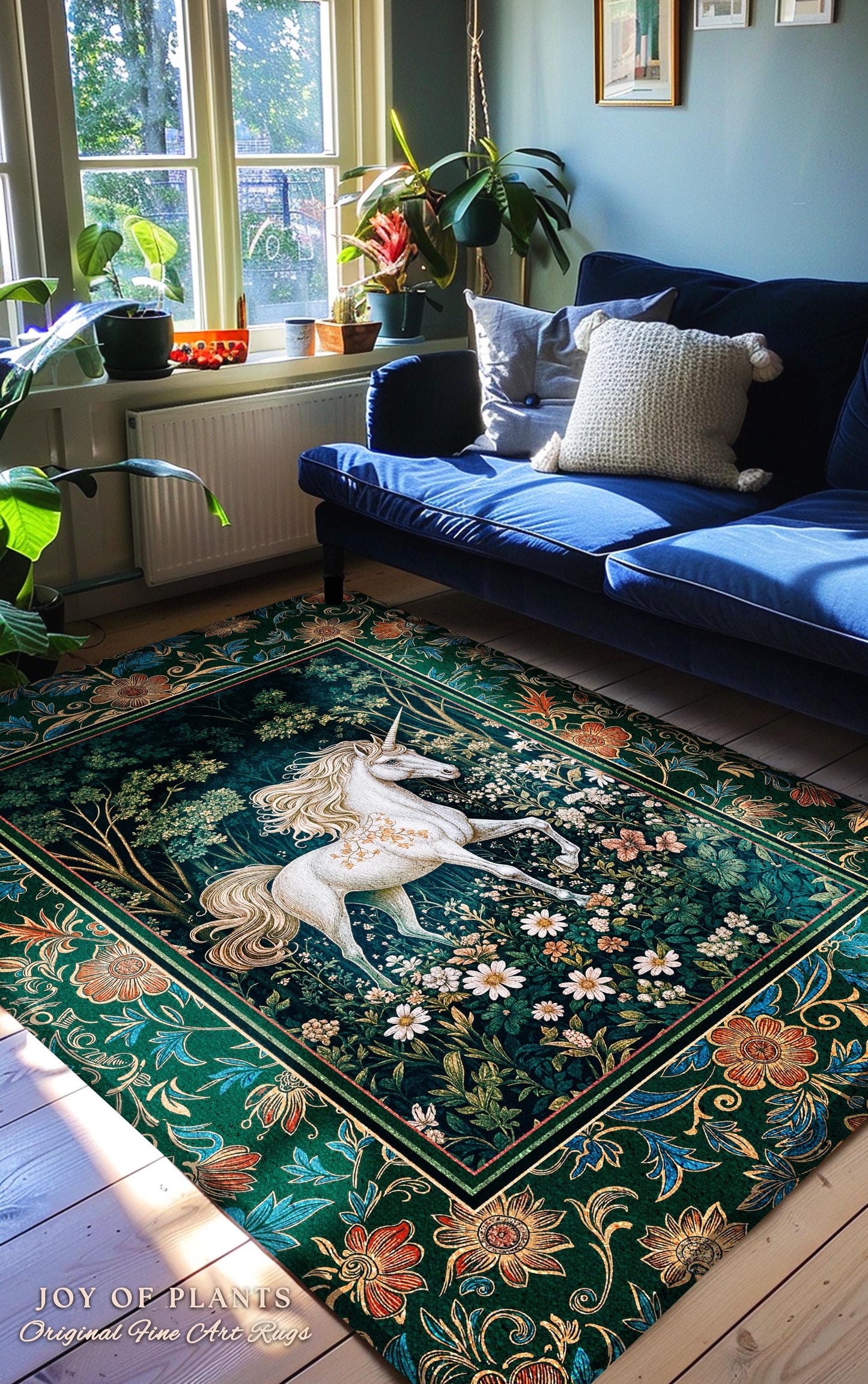 Storybook Aesthetic Mystic Unicorn Rug | Colorful Maximalist Area Rug Whimsical Victorian Fairycore Ethereal Bedroom Rug Medieval Woodland |