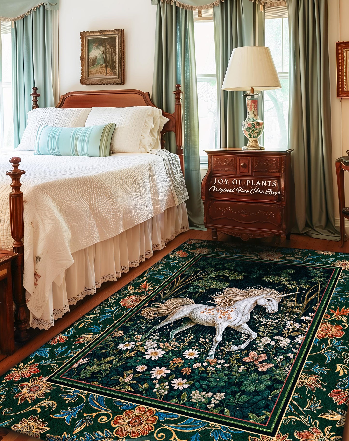 Storybook Aesthetic Mystic Unicorn Rug | Colorful Maximalist Area Rug Whimsical Victorian Fairycore Ethereal Bedroom Rug Medieval Woodland |