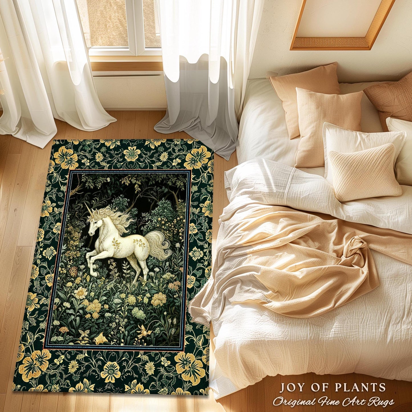 Earthy Ethereal Unicorn Bedroom Rug | Whimsical Nature Fairytale Magic Medieval Accent Rug Woodland Aesthetic Storybook Nostalgic Decor |