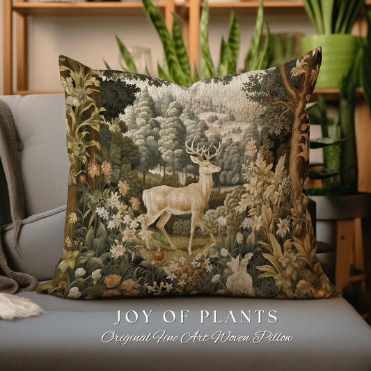 Mystic Meadow Deer Pillow | William Morris Inspired Woodland Fairycore Decor Cushion Maximalist Ornate Home Decor Throw Pillow Eclectic