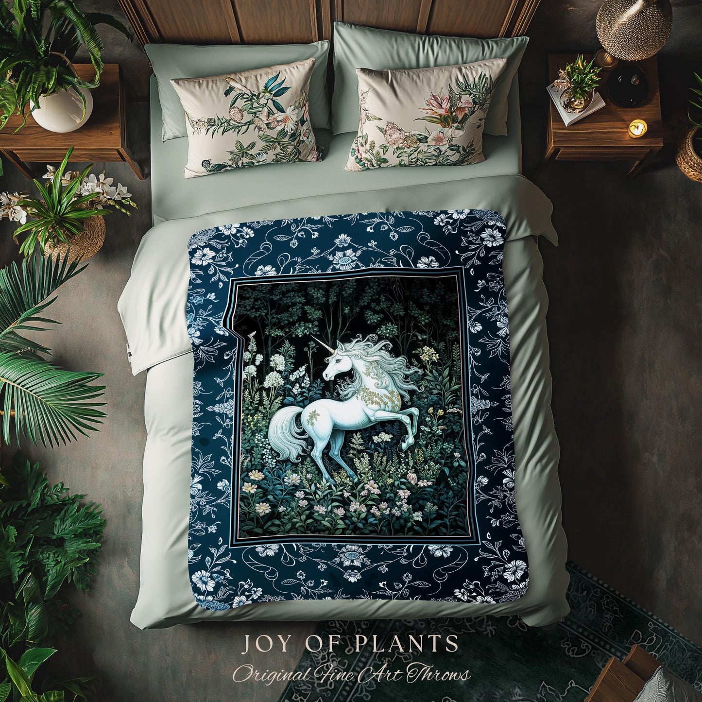 Midnight Magic Unicorn Tapestry | Dark Botanical Maximalist Bedroom Colorful Whimsical Victorian Fairycore Woven Throw Blanket Medieval |