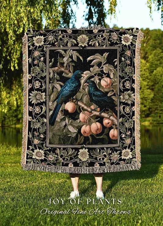 Gothic Home Decor Vintage Aesthetic Raven Bird Blanket Woven Tapestry Crowcore Woodland Whimsigoth Forest Dark Botanical Bird Throw Blanket