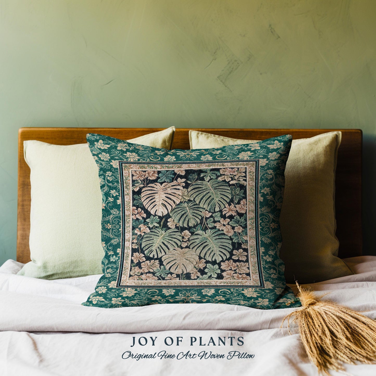 Enchanted Grove Botanical Woven Pillow | Forestcore Home Decor Cottagecore Maximalist Pillow Whimsical Monstera Vibes Trendy Bedroom Artwork
