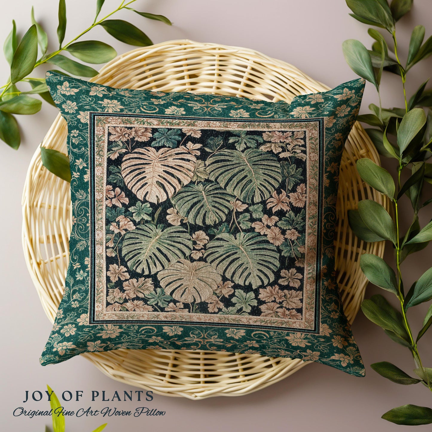Enchanted Grove Botanical Woven Pillow | Forestcore Home Decor Cottagecore Maximalist Pillow Whimsical Monstera Vibes Trendy Bedroom Artwork