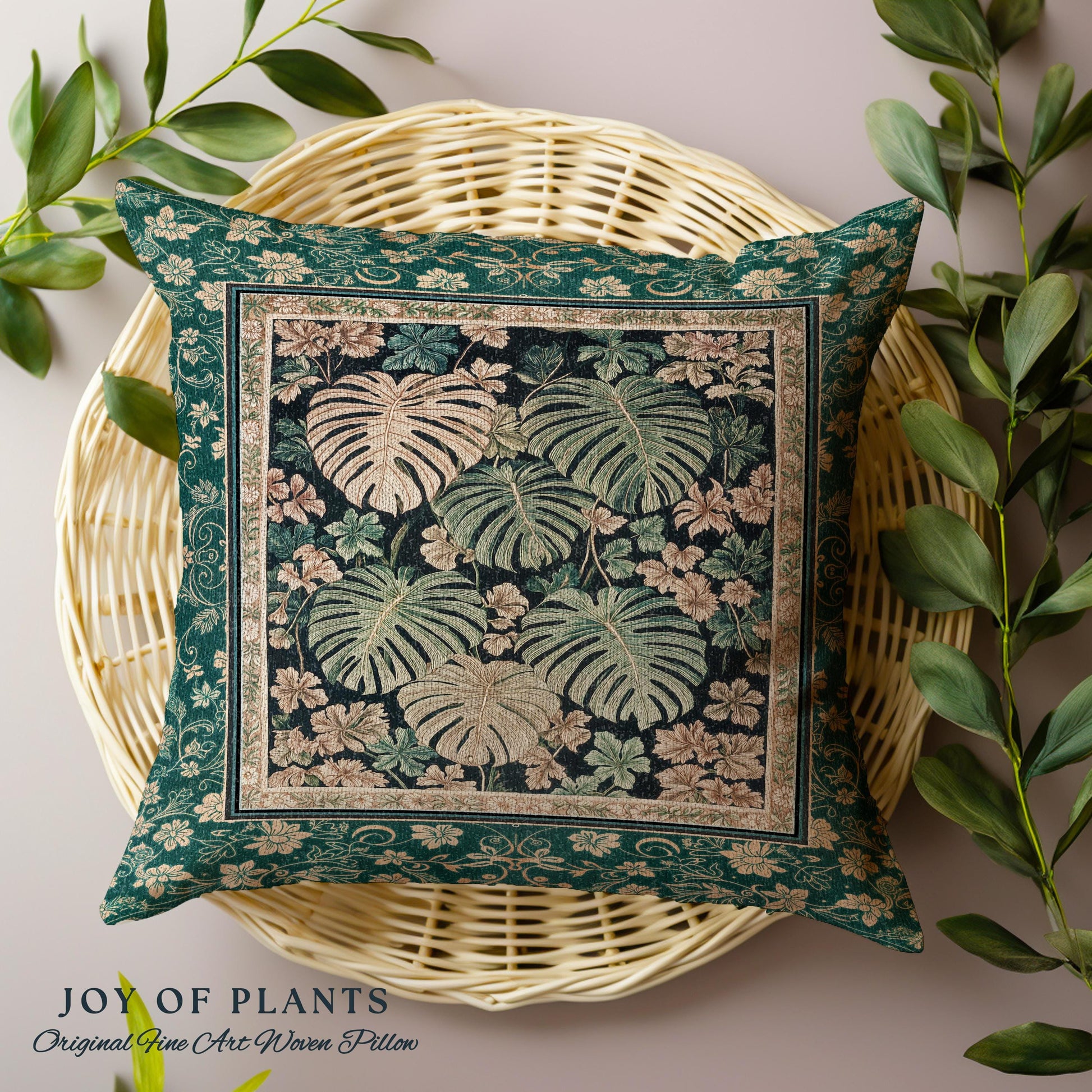 Enchanted Grove Botanical Woven Pillow | Forestcore Home Decor Cottagecore Maximalist Pillow Whimsical Monstera Vibes Trendy Bedroom Artwork