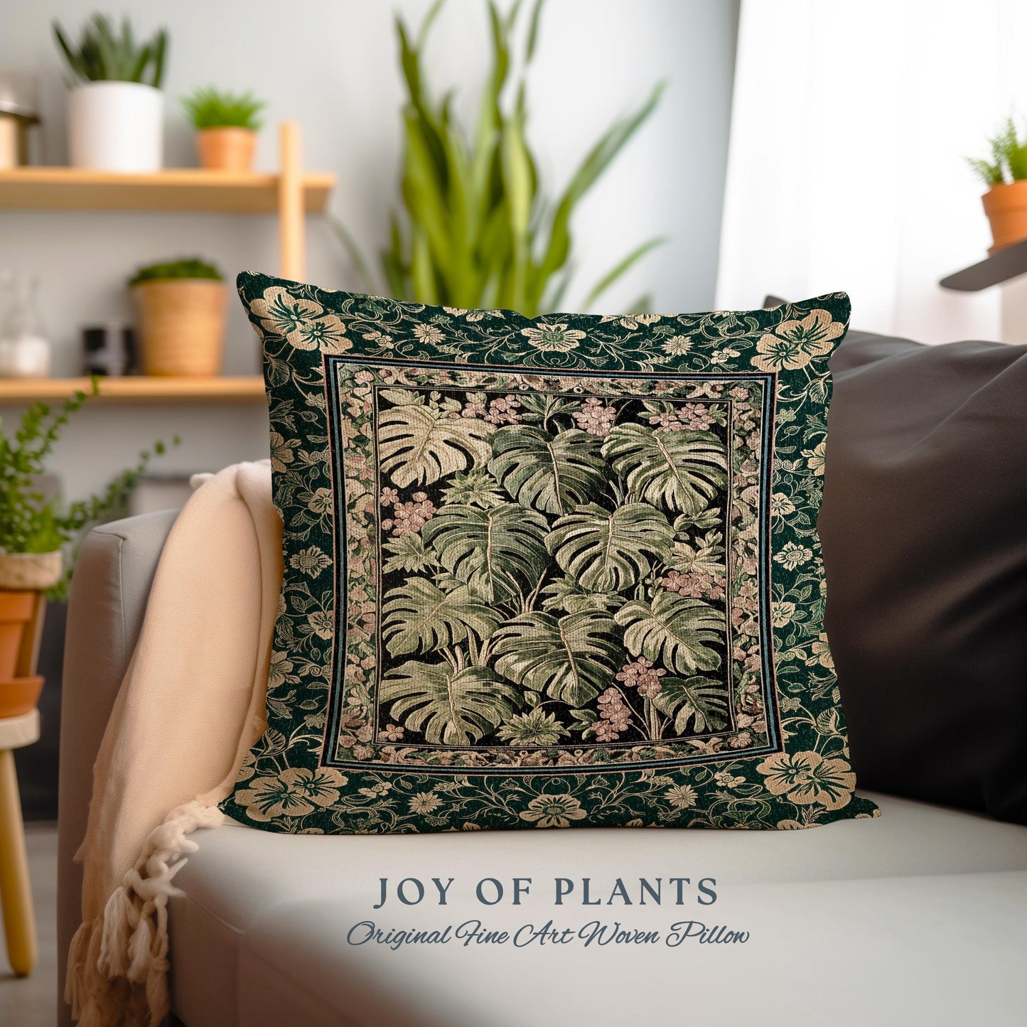 Verdant Flora Jungle Leaves Pillow | Maximalist Forestcore Tapestry Cushion Woven Whimsical Plant Themed Cottagecore Inspired Home Decor |