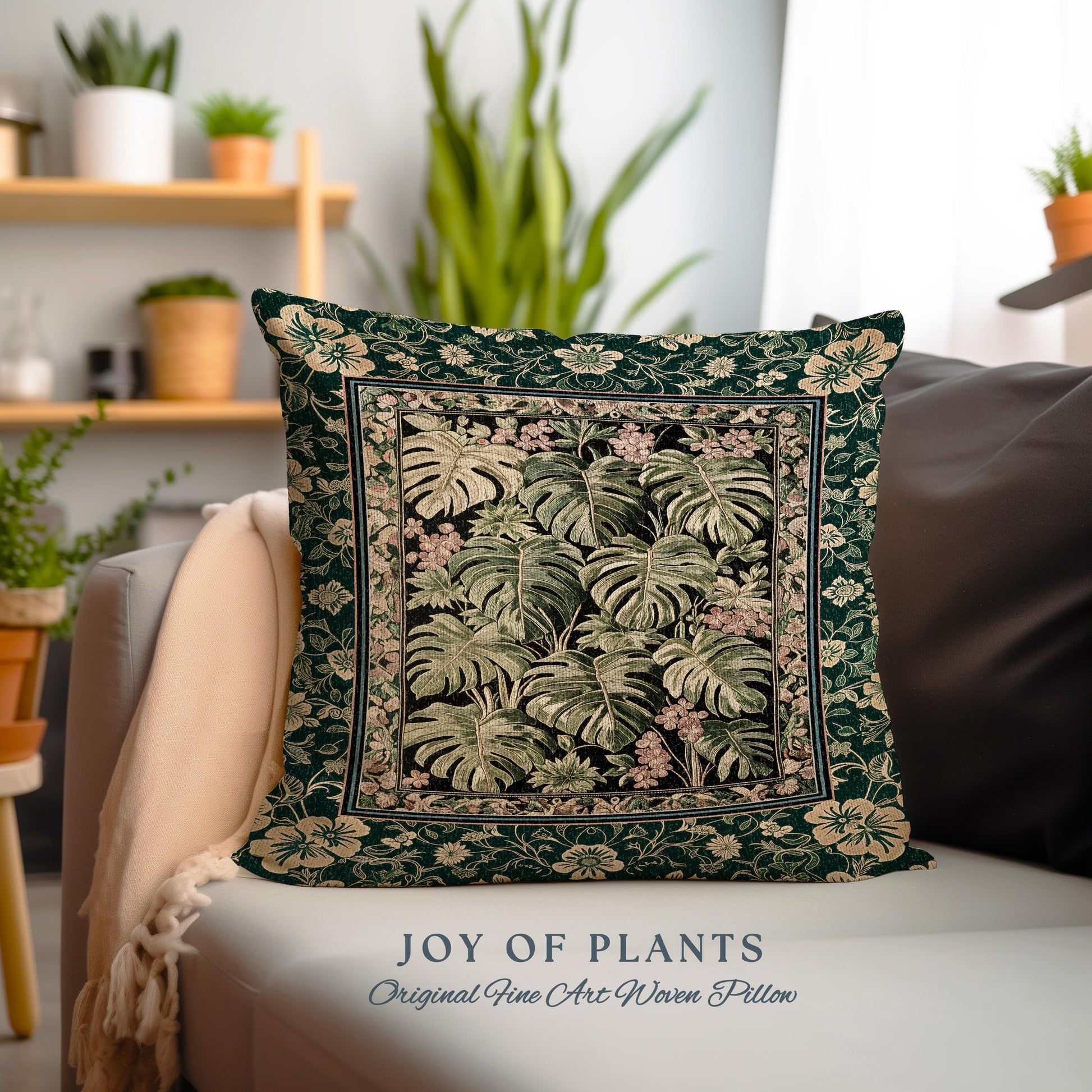 Verdant Flora Jungle Leaves Pillow | Maximalist Forestcore Tapestry Cushion Woven Whimsical Plant Themed Cottagecore Inspired Home Decor |