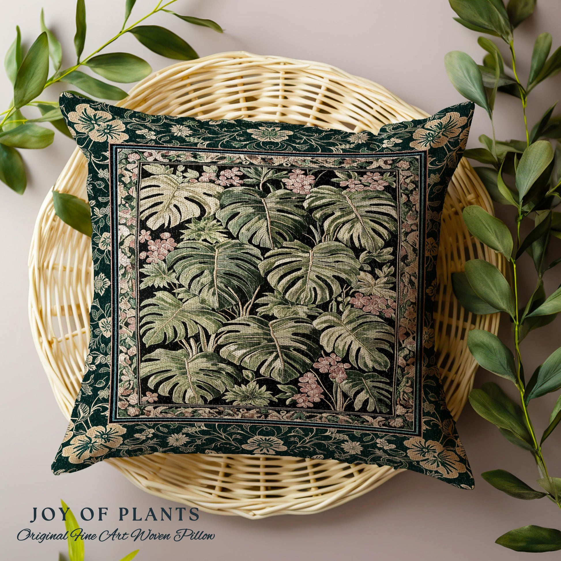 Verdant Flora Jungle Leaves Pillow | Maximalist Forestcore Tapestry Cushion Woven Whimsical Plant Themed Cottagecore Inspired Home Decor |