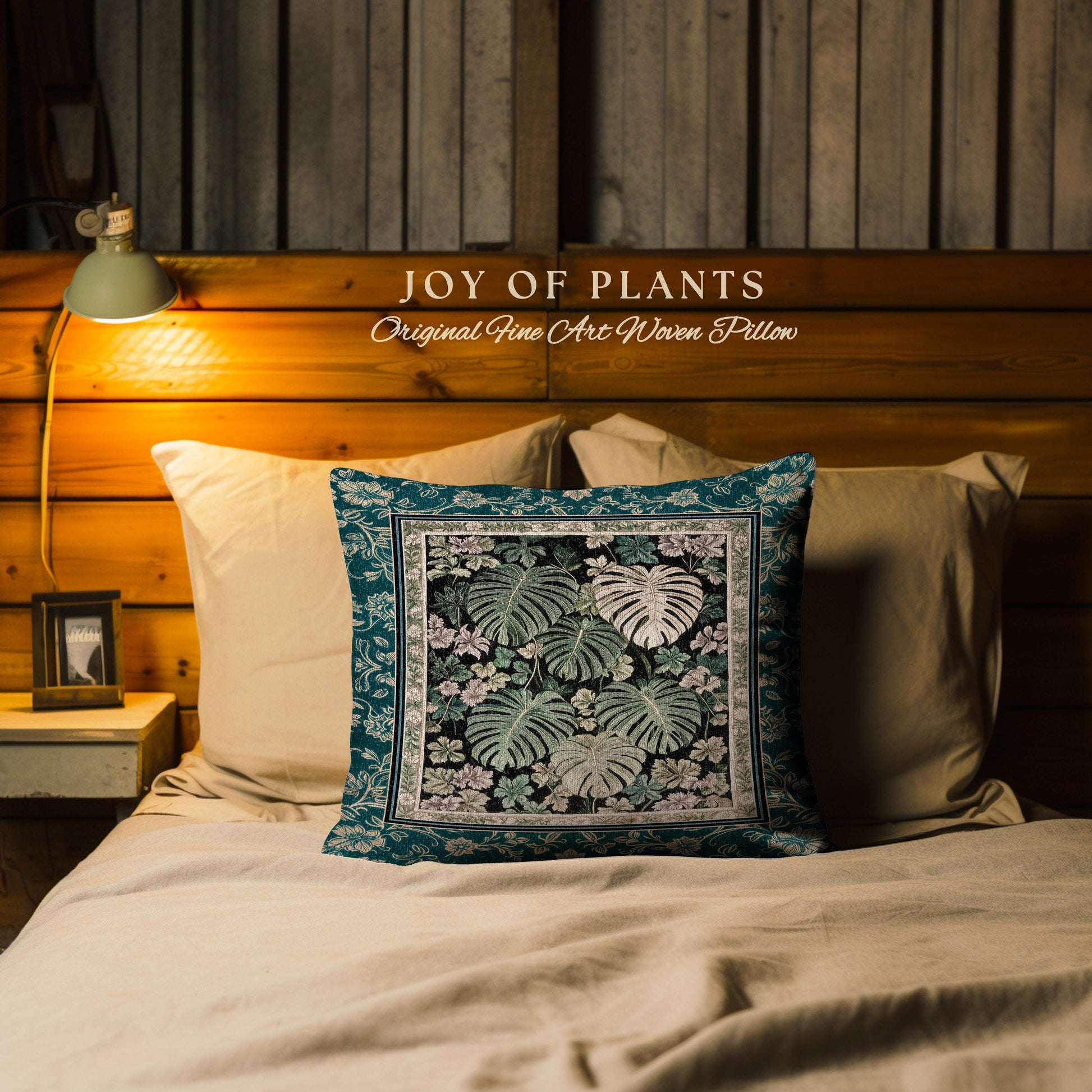 Botanical Cozy Throw Pillow Maximalist Jungle | Plant Lady Cushion Monstera Deliciosa Tapestry Pillow Woodland Magical Dark Academia Emerald
