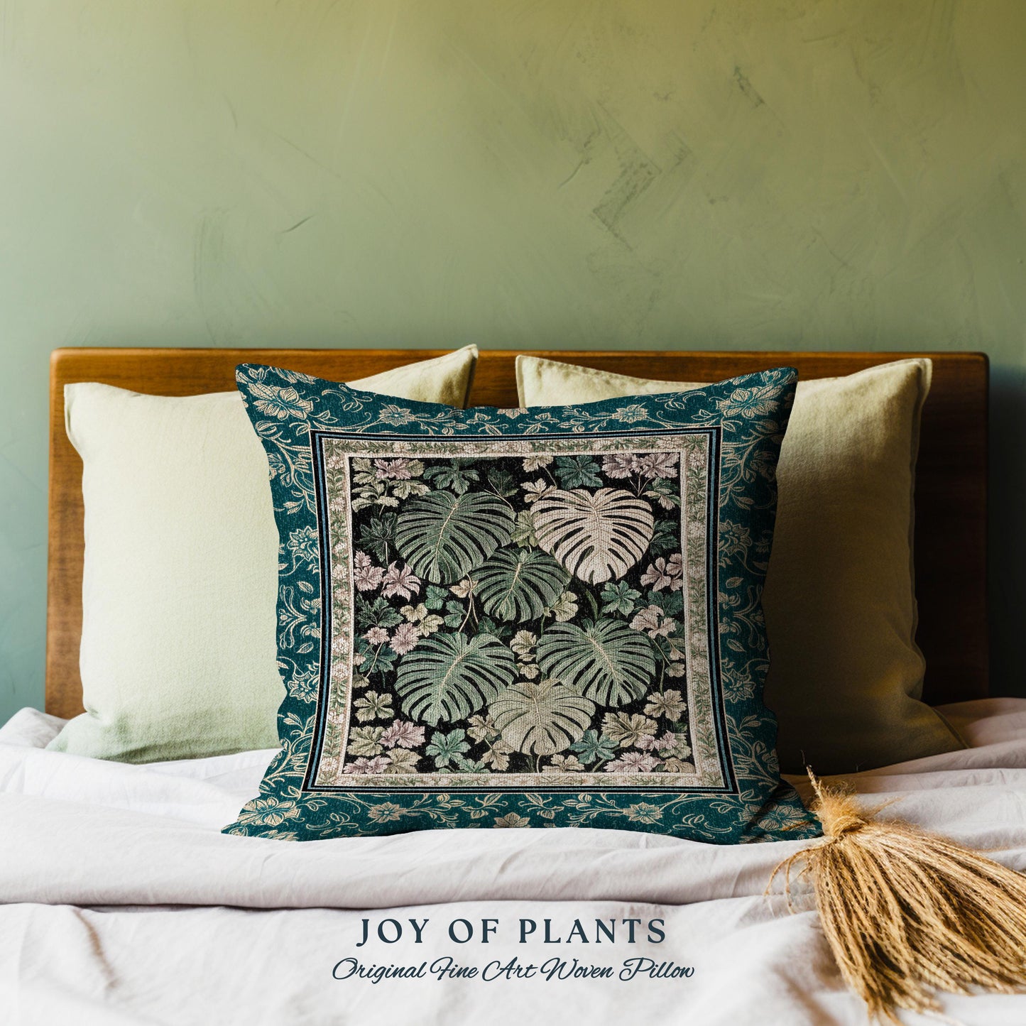 Botanical Cozy Throw Pillow Maximalist Jungle | Plant Lady Cushion Monstera Deliciosa Tapestry Pillow Woodland Magical Dark Academia Emerald