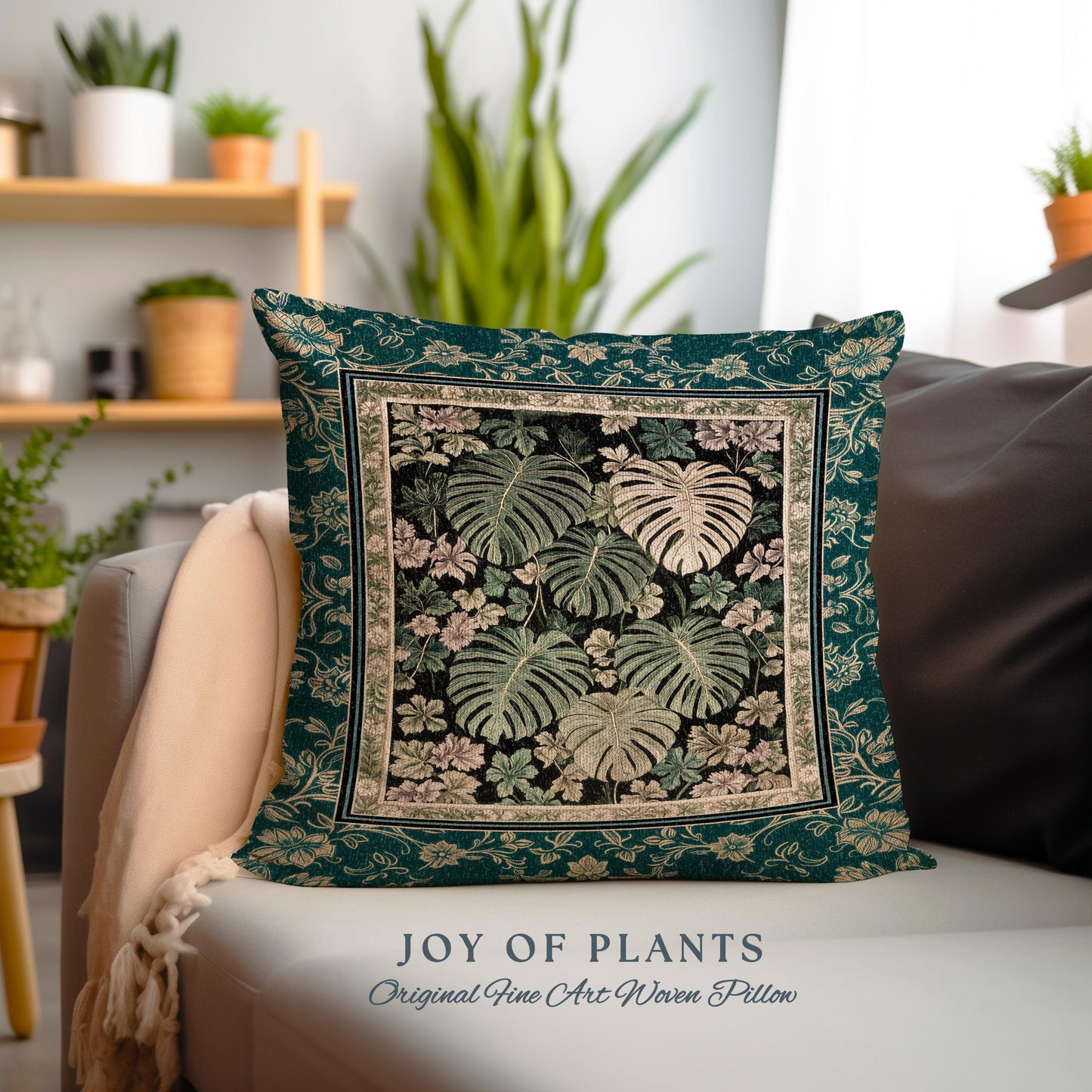 Botanical Cozy Throw Pillow Maximalist Jungle | Plant Lady Cushion Monstera Deliciosa Tapestry Pillow Woodland Magical Dark Academia Emerald