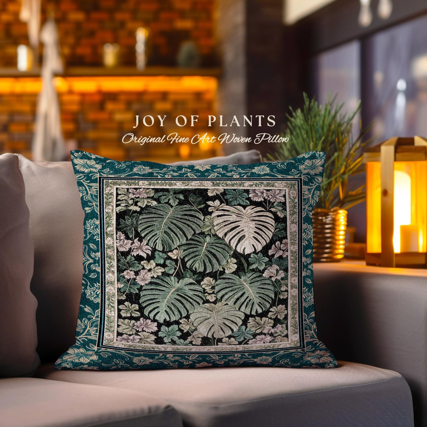 Botanical Cozy Throw Pillow Maximalist Jungle | Plant Lady Cushion Monstera Deliciosa Tapestry Pillow Woodland Magical Dark Academia Emerald