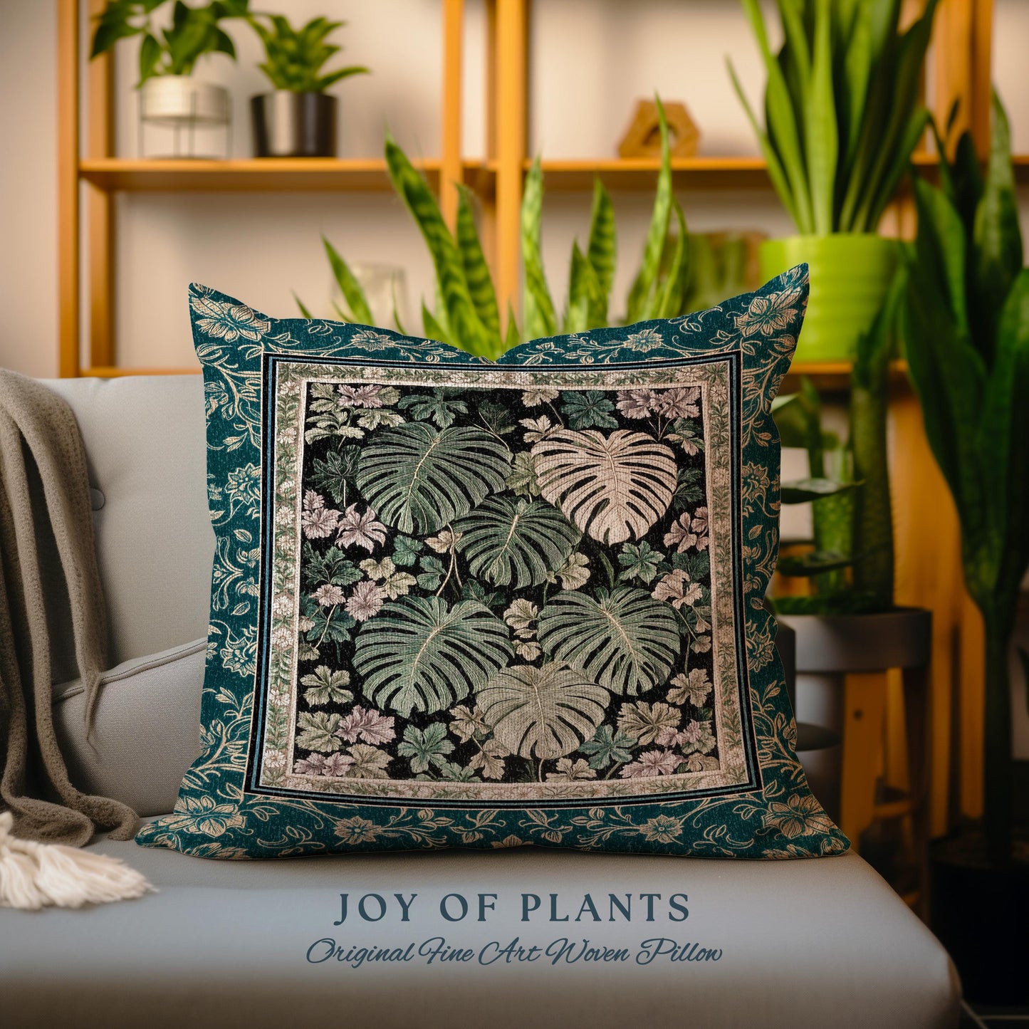 Botanical Cozy Throw Pillow Maximalist Jungle | Plant Lady Cushion Monstera Deliciosa Tapestry Pillow Woodland Magical Dark Academia Emerald