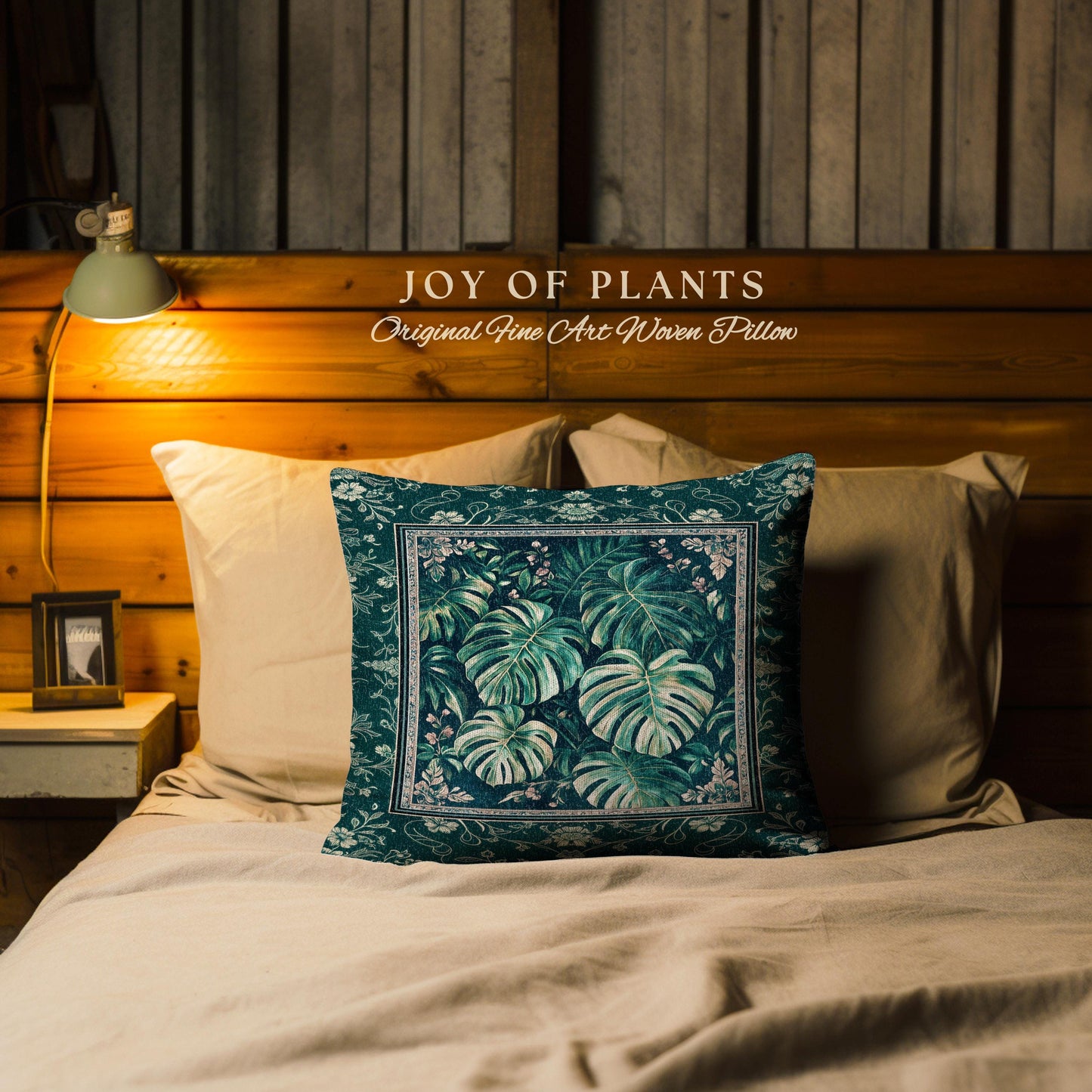 Jungle Inspired Emerald Green Pillow | Monstera Throw Pillow Moody Bedroom Woven Tapestry Cushion Trendy Tropigoth Room Accent Botanical |