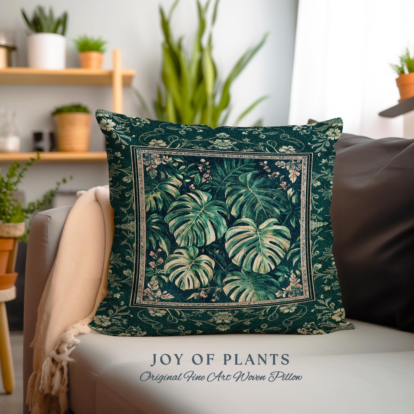 Jungle Inspired Emerald Green Pillow | Monstera Throw Pillow Moody Bedroom Woven Tapestry Cushion Trendy Tropigoth Room Accent Botanical |