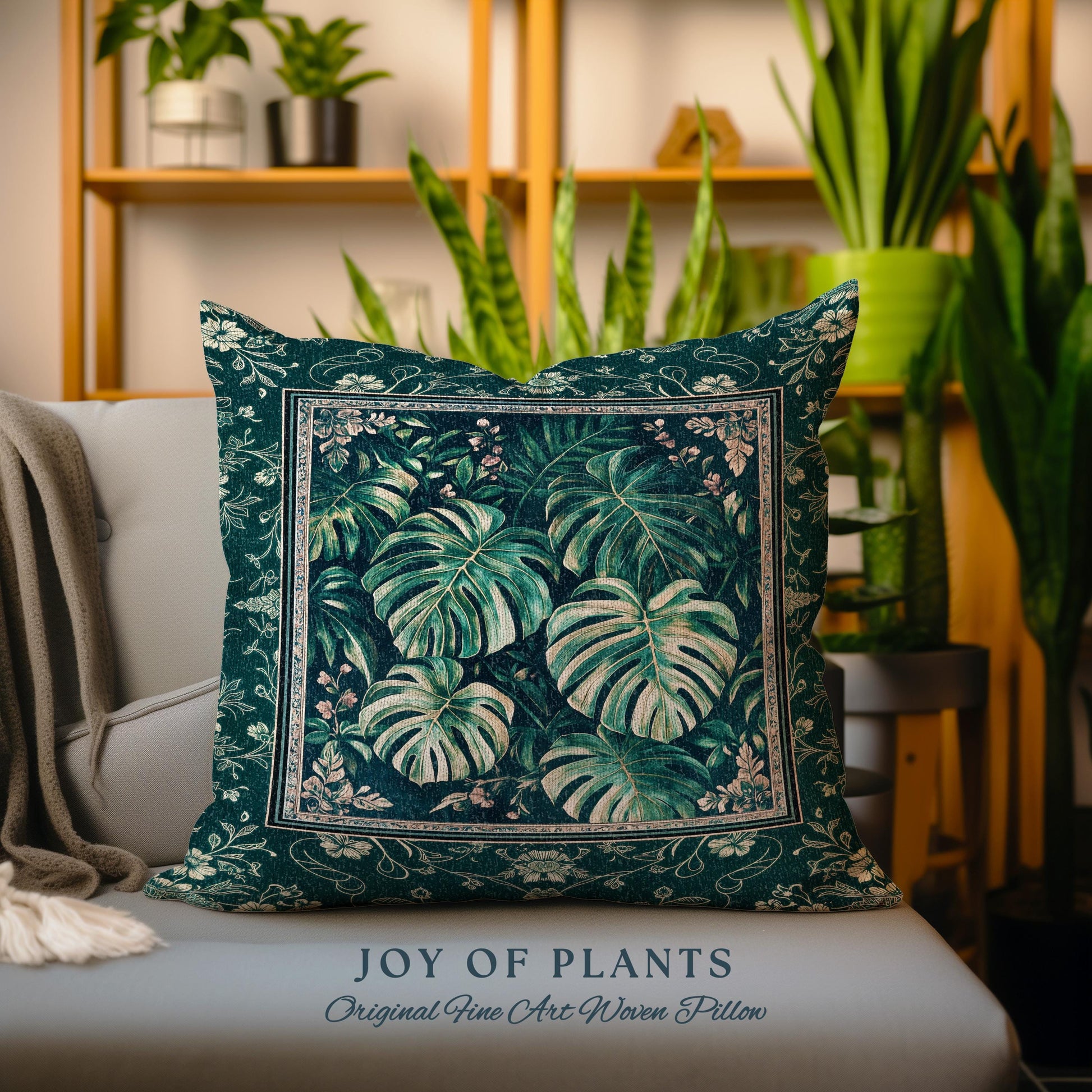 Jungle Inspired Emerald Green Pillow | Monstera Throw Pillow Moody Bedroom Woven Tapestry Cushion Trendy Tropigoth Room Accent Botanical |