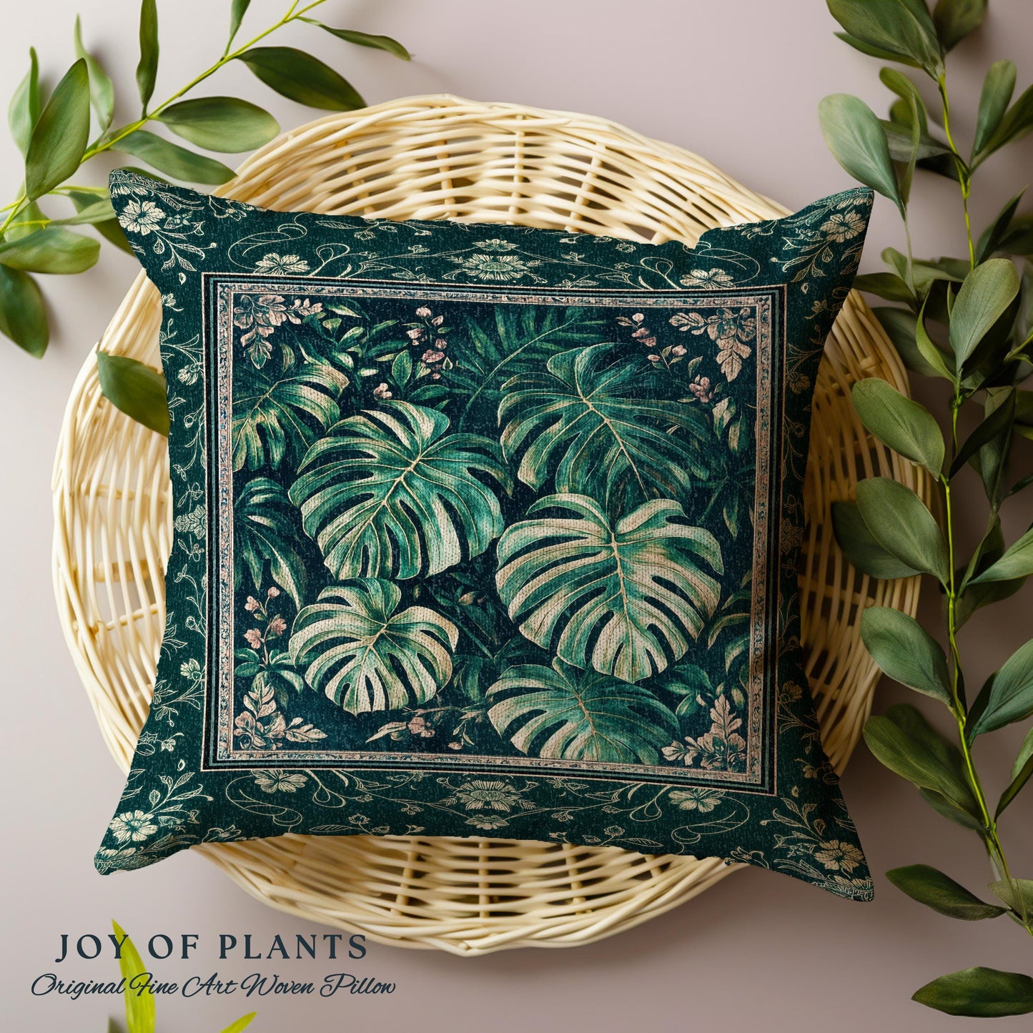 Jungle Inspired Emerald Green Pillow | Monstera Throw Pillow Moody Bedroom Woven Tapestry Cushion Trendy Tropigoth Room Accent Botanical |