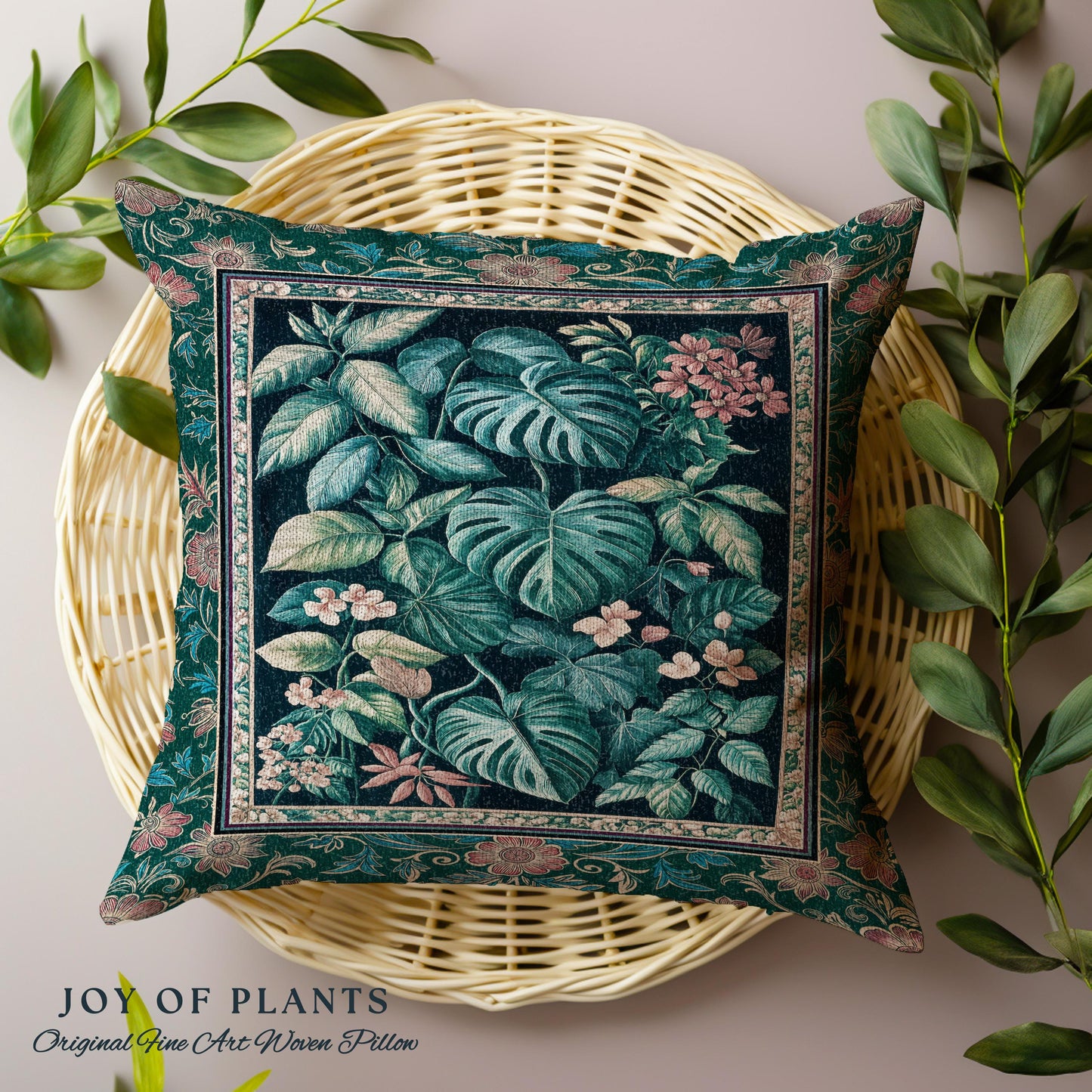 Elegant Botanicals Dark Forestcore Pillow | Woodland Fairycore Tapestry Pillow Woven Cushion Dark Cottagecore Vintage Moody Bedroom Teal |