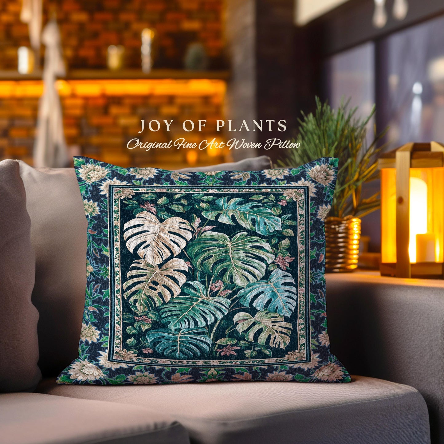 Elegant Jungle Leaves Pillow Woven | Dreamy Cottagecore Maximalist Tapestry Cushion for Houseplant Lover Cute Forestcore Monstera Jungle